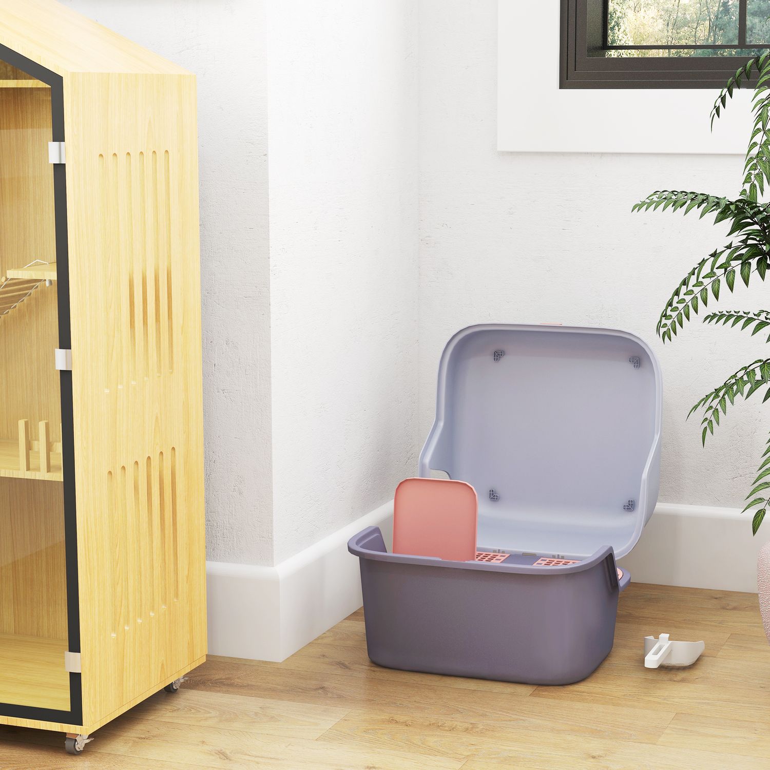 Kattlåda med lock, skopa, sil – lila, små katter