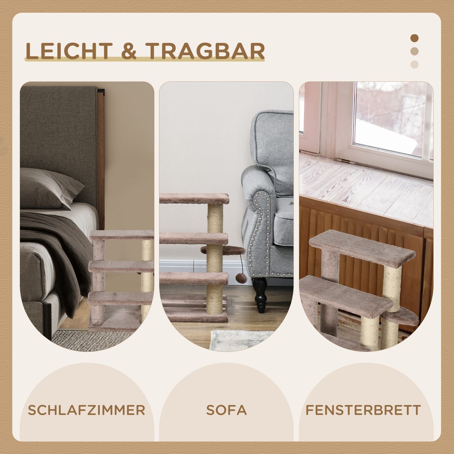 Katt- och hundtrappa, 3 steg med skrapstolpar, plyschbrun