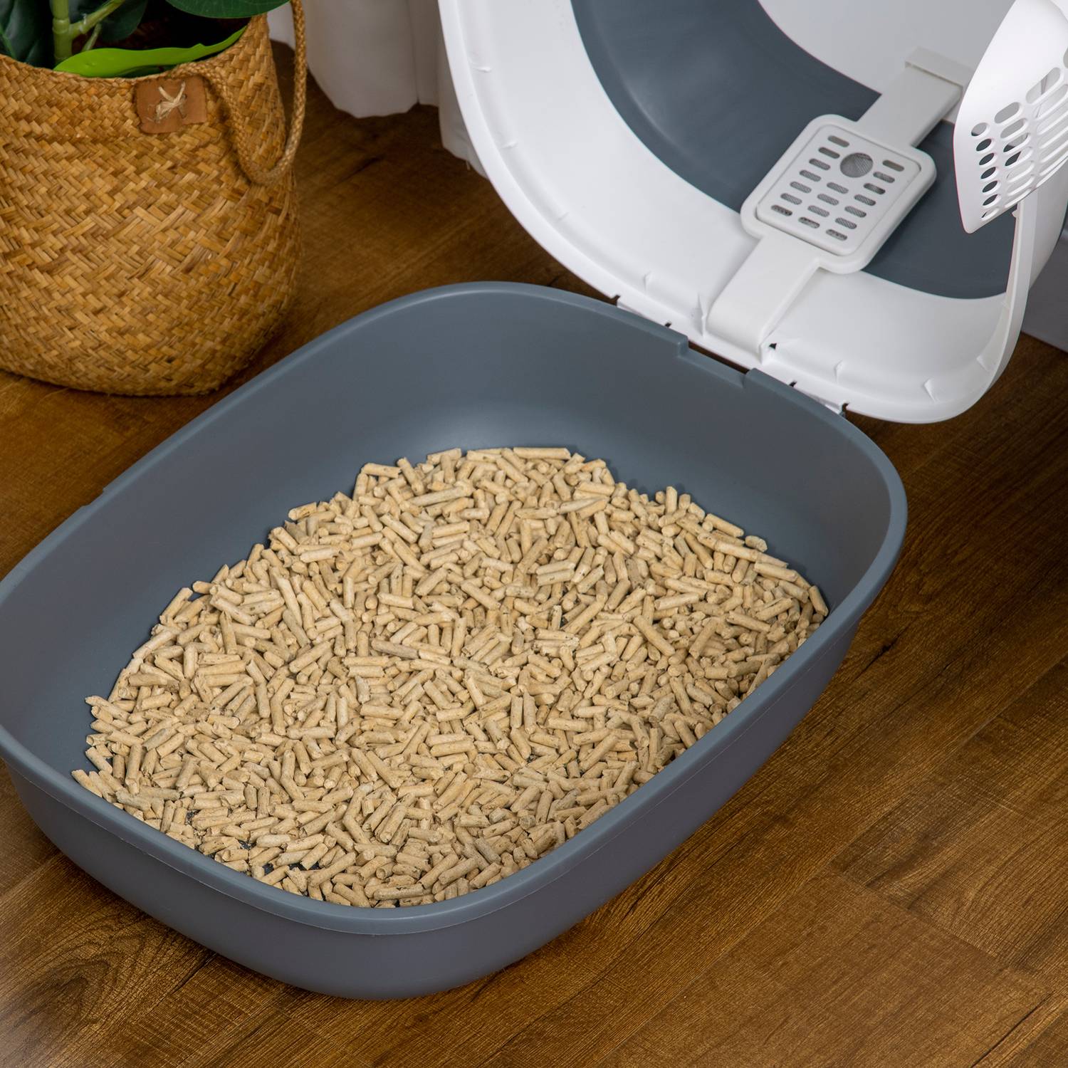 Kattsandskopa med deodorant, vit/grå, 52x41x38 Cm