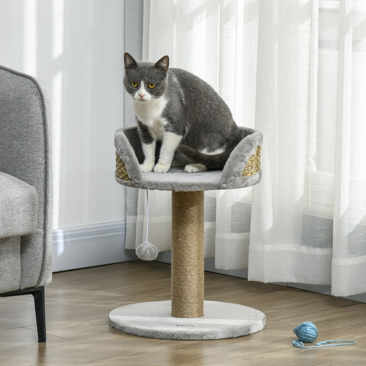 Kattskrapstolpe med lekboll och liggplats, grå