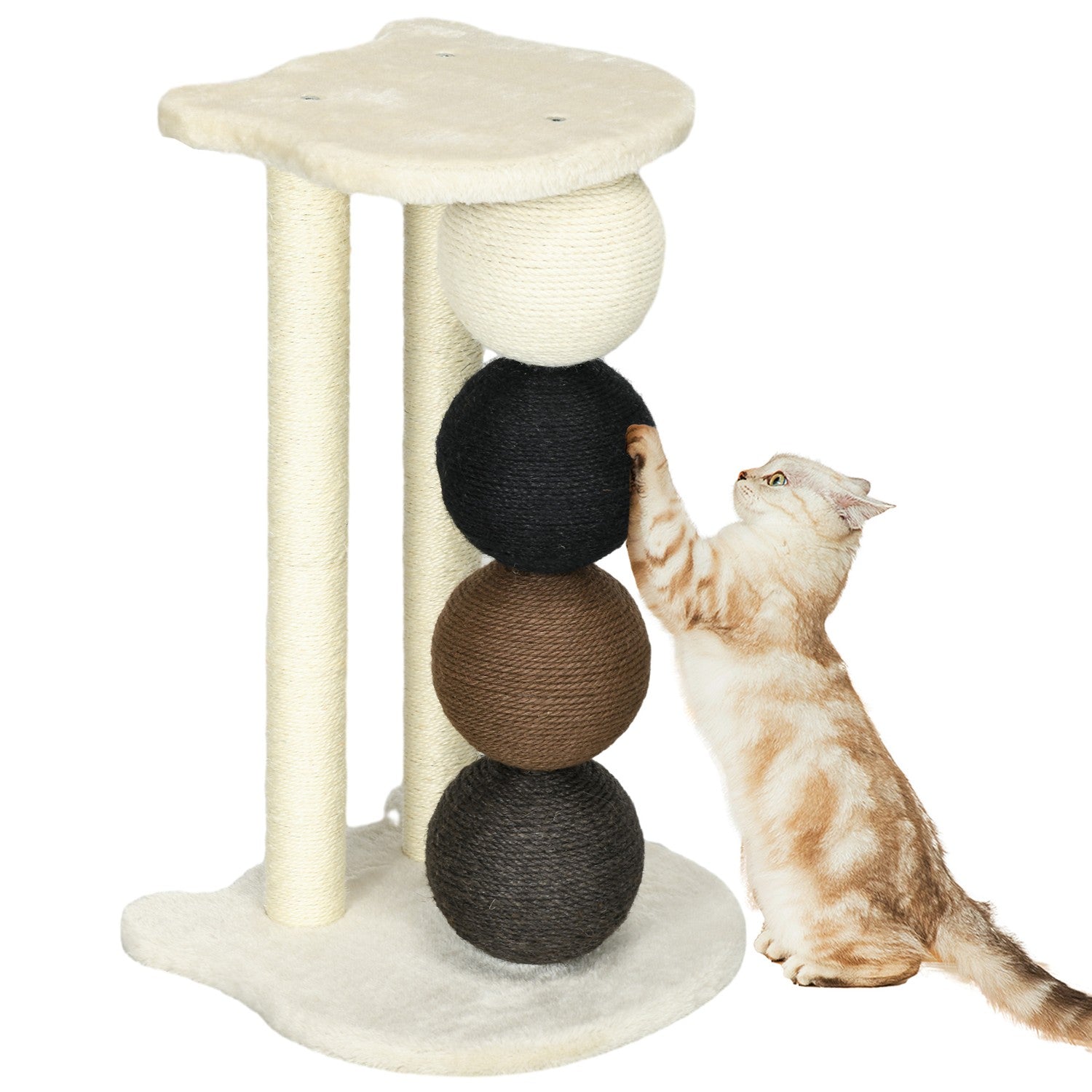 Kattskrapstolpe med plattform, sisalstolpar och bollar, 38x38x64cm