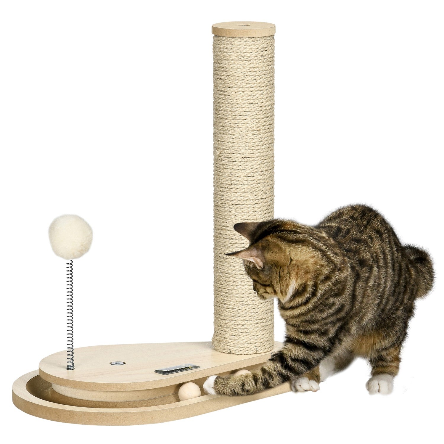 Kattskrapstolpe med träbollleksak, 40 cm, natur