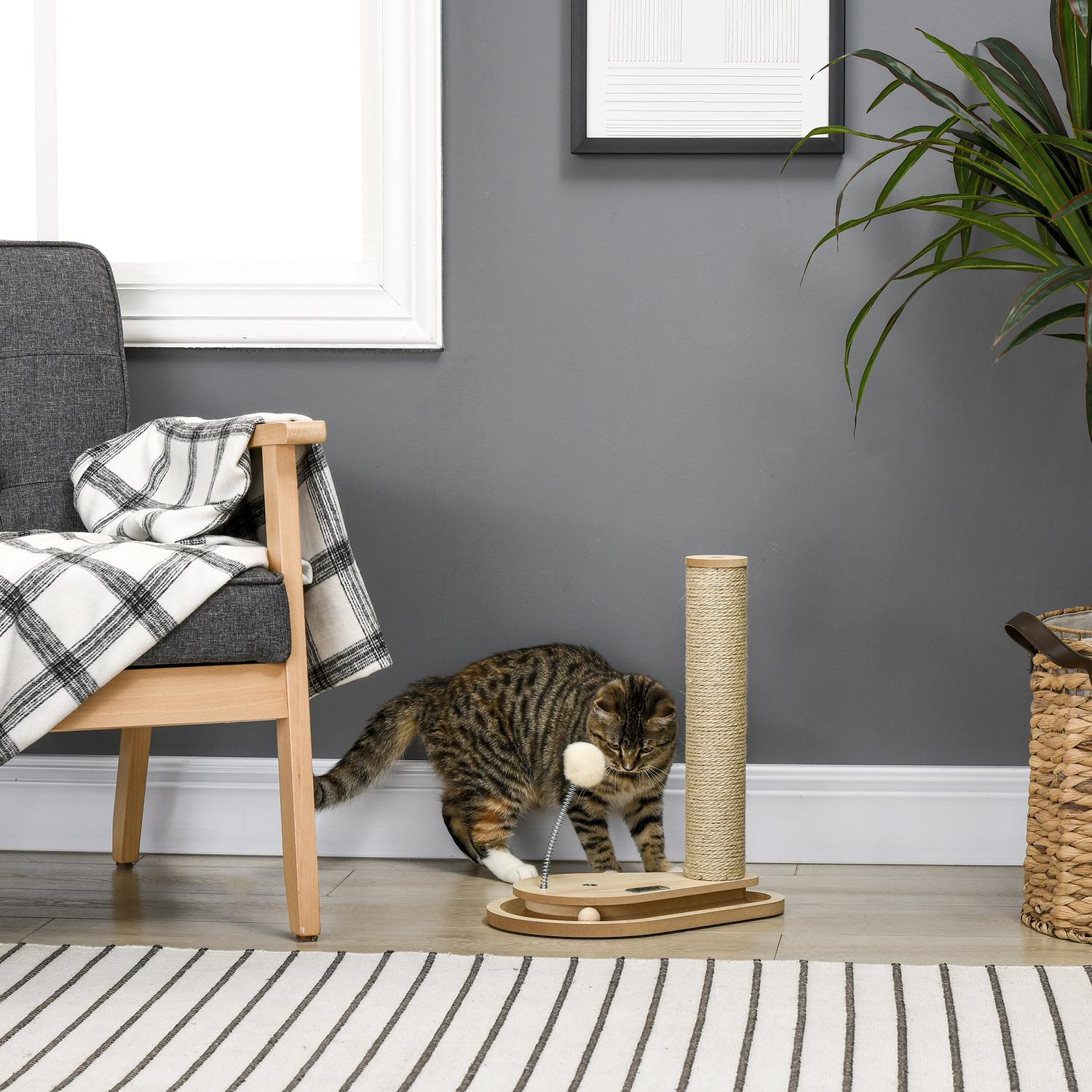 Kattskrapstolpe med träbollleksak, 40 cm, natur