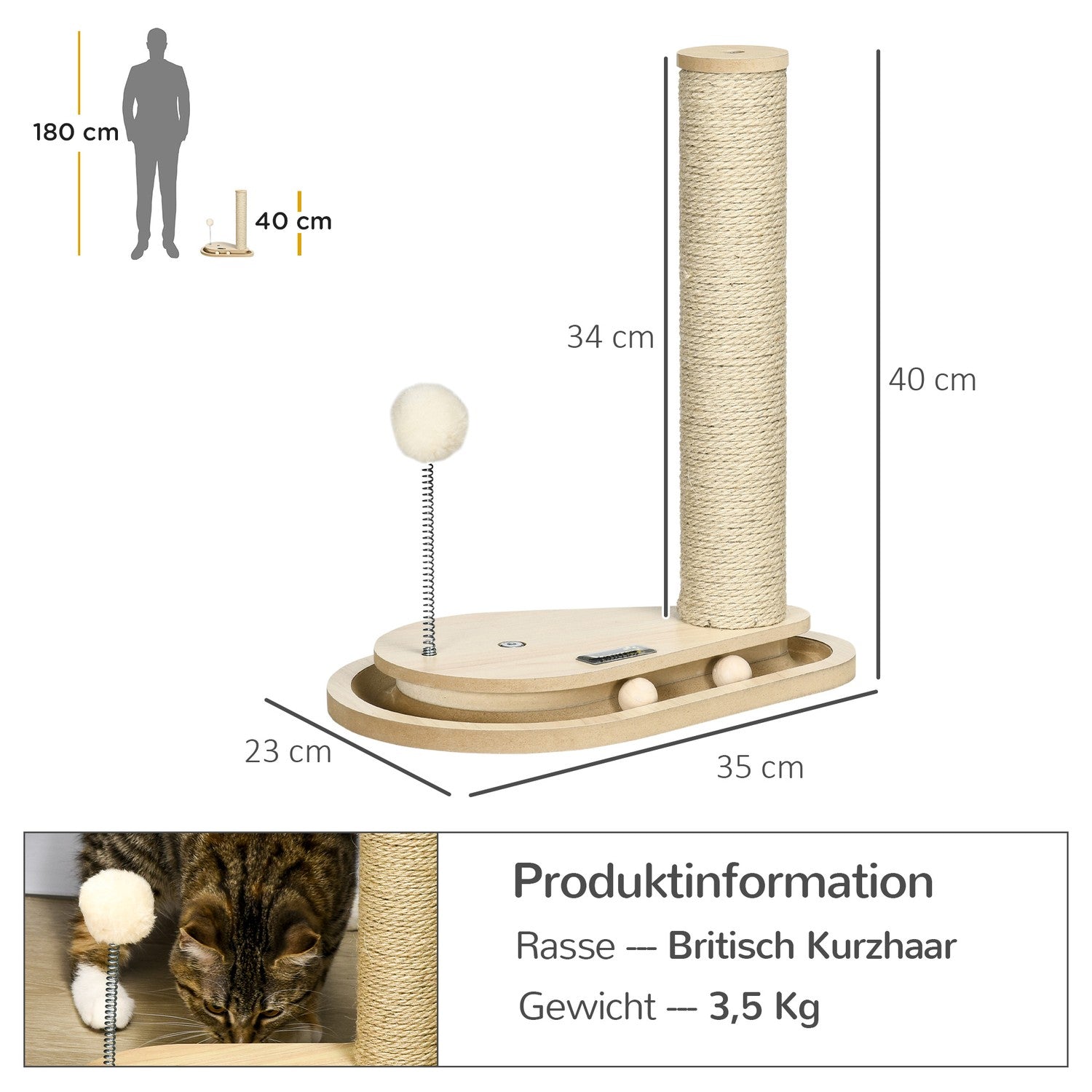 Kattskrapstolpe med träbollleksak, 40 cm, natur