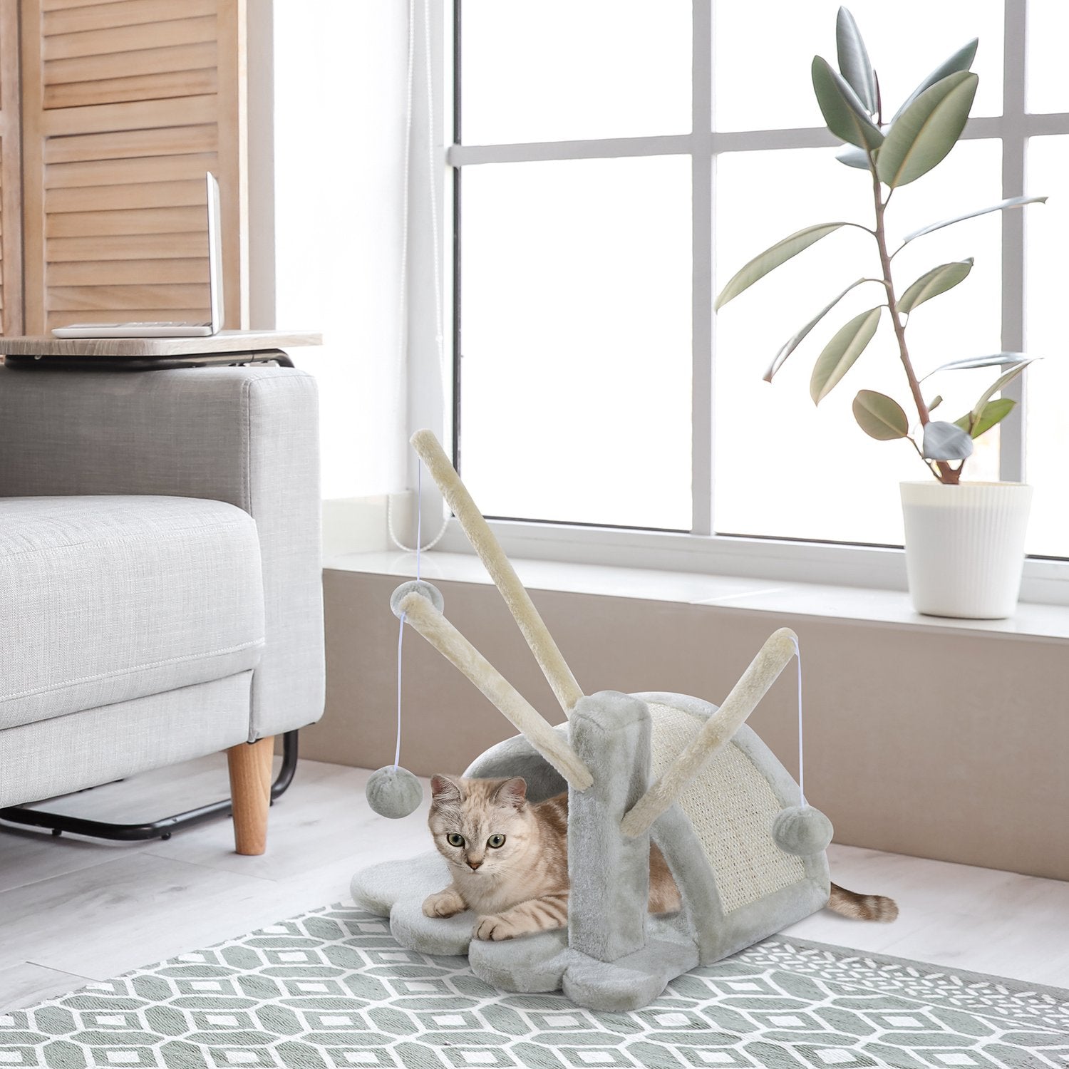 Kattskrapträd med stabil sisalstolpe, ljusgrå