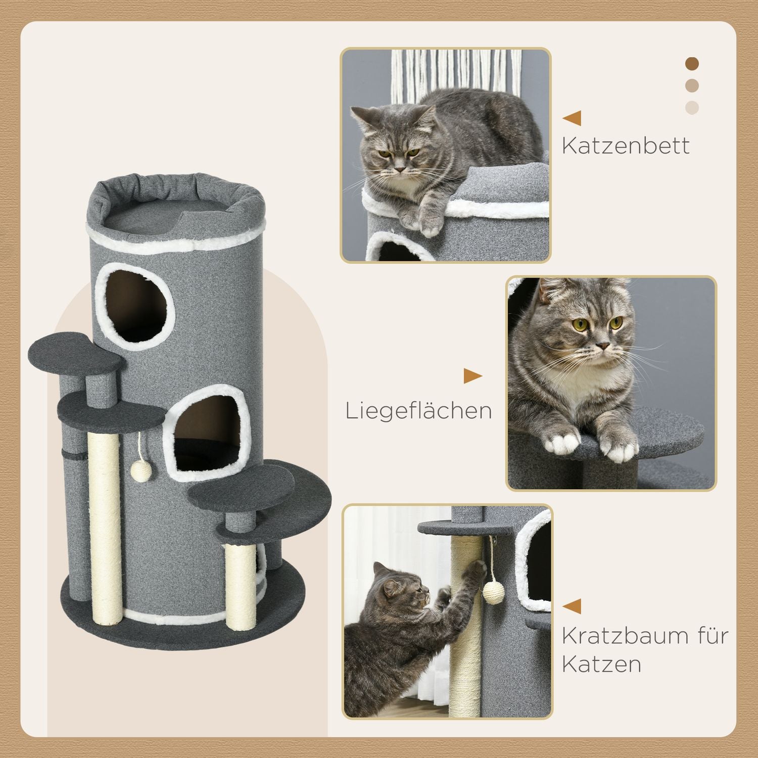 Cat Scratching Barrel med Säng & Plattformar, 99 cm, Grå