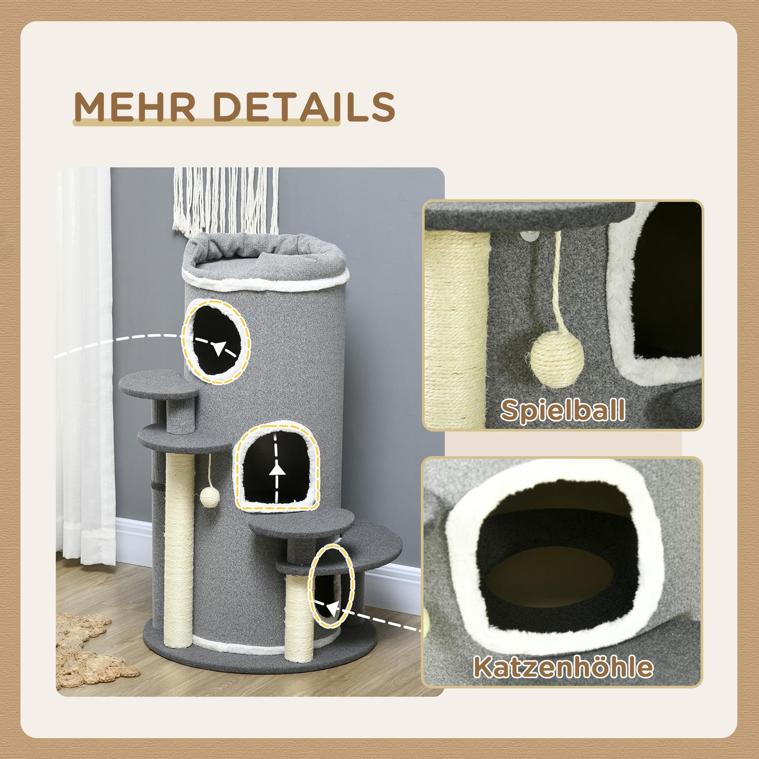 Cat Scratching Barrel med Säng & Plattformar, 99 cm, Grå
