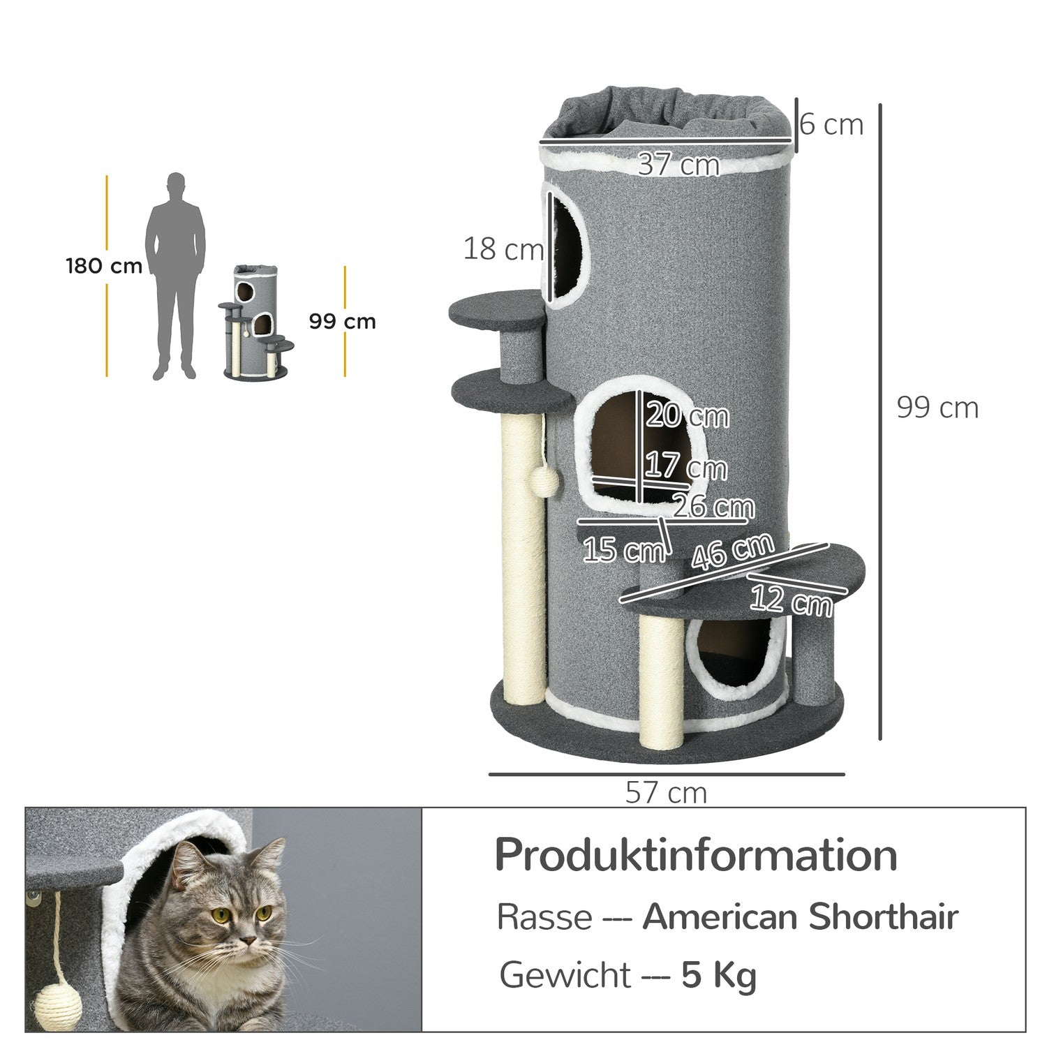 Cat Scratching Barrel med Säng & Plattformar, 99 cm, Grå