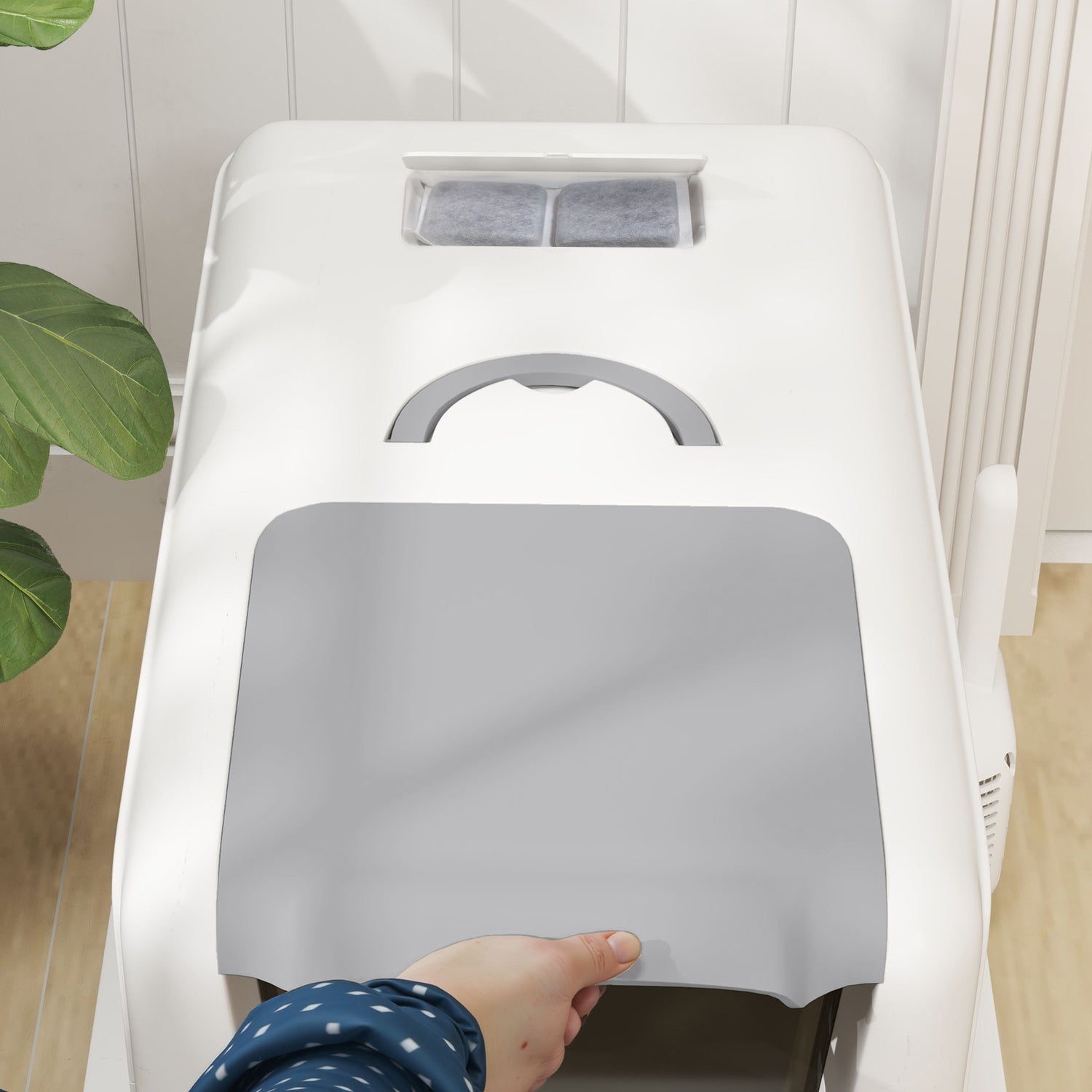 Kattskräp med lock, rostfritt stålfack, vit