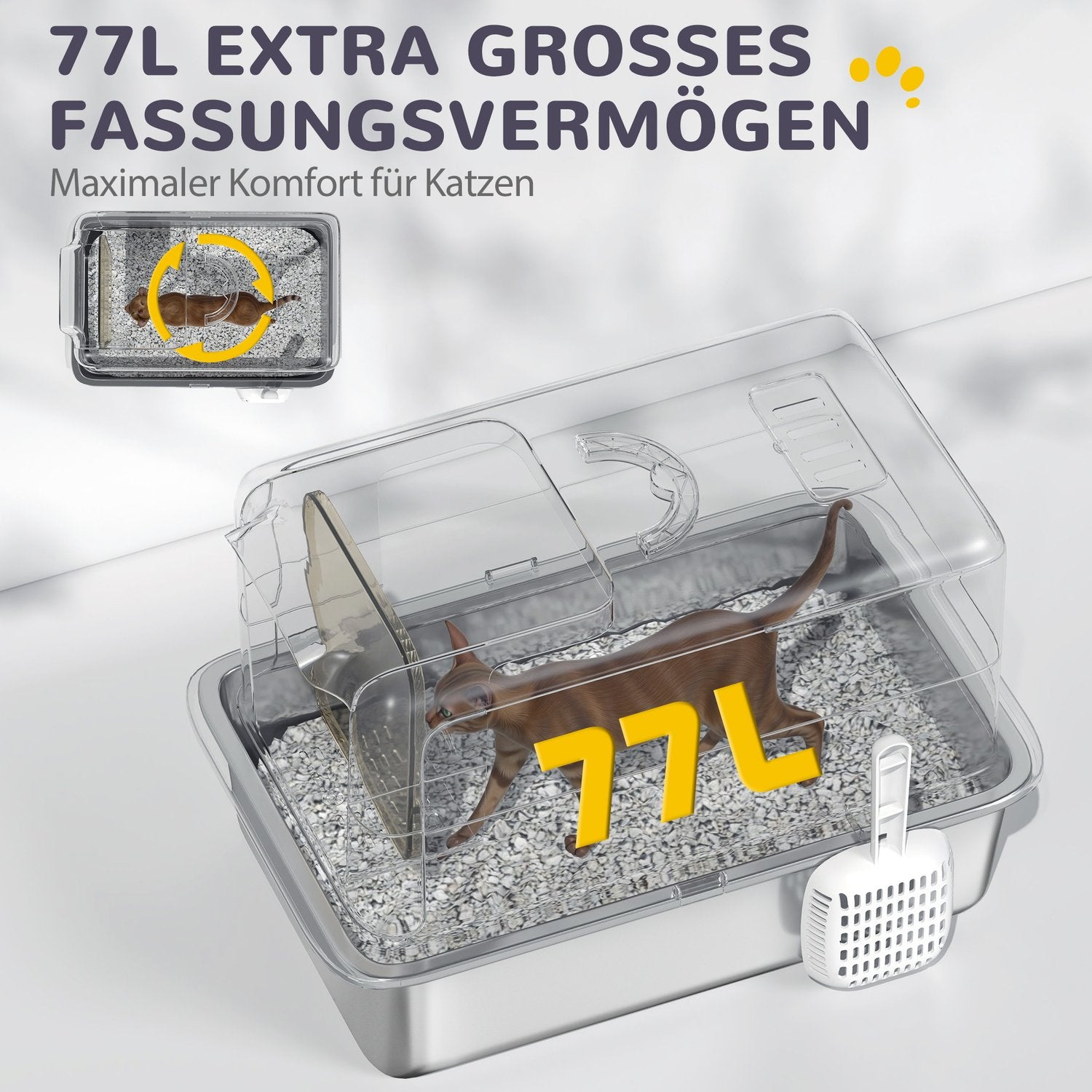 Kattskräp med lock, rostfritt stålfack, vit