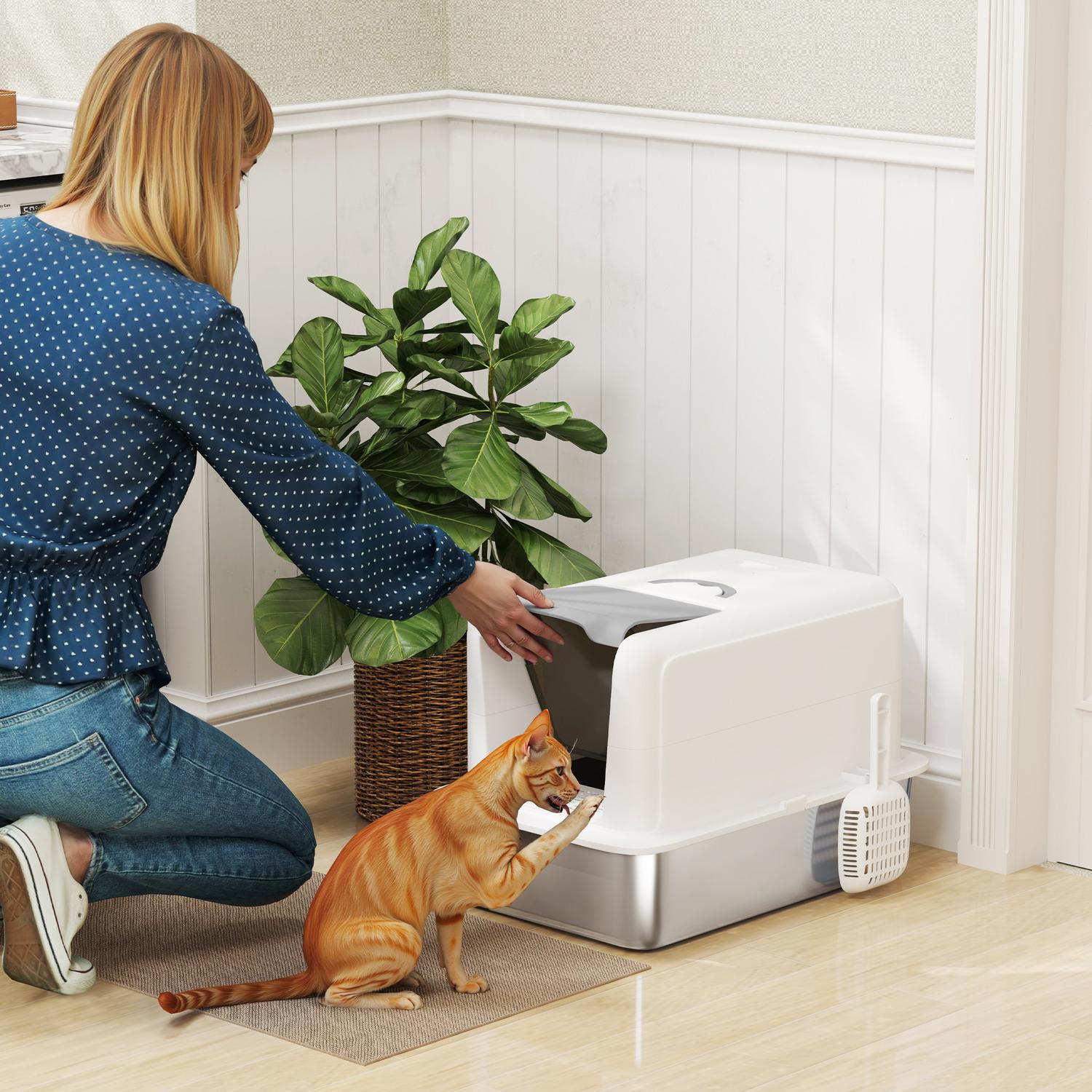 Kattskräp med lock, rostfritt stålfack, vit