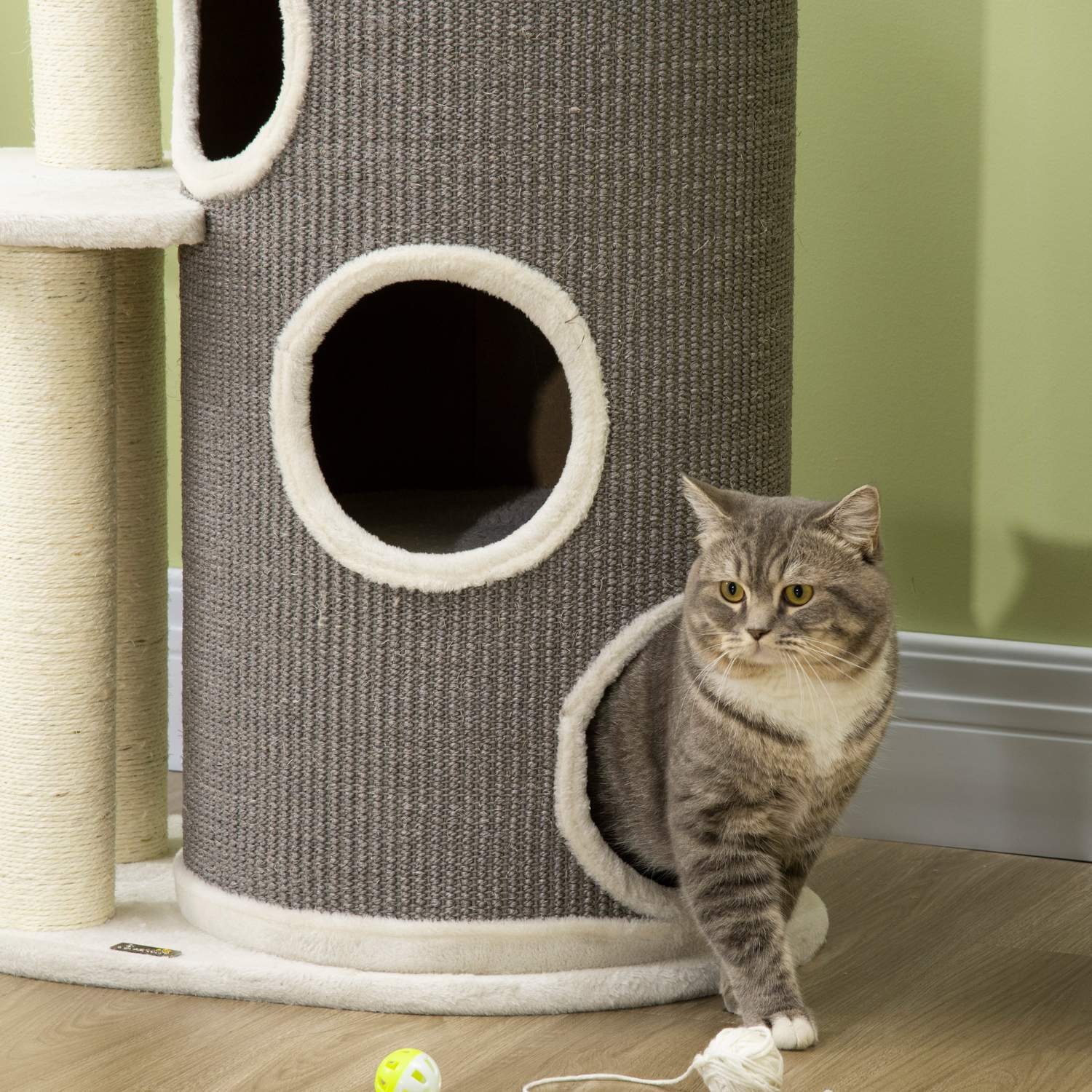 Kattträd 109cm med skrapfat & säng, grå/vit