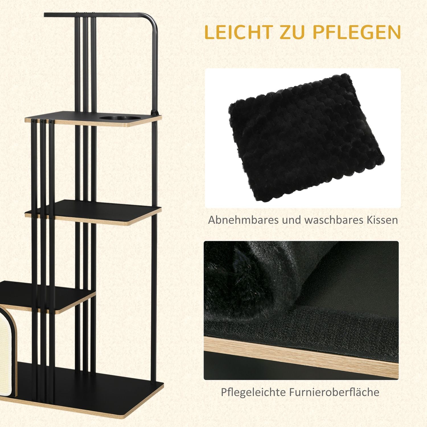 Kattträd 170cm, stort svart stål med kuddar & plattformar