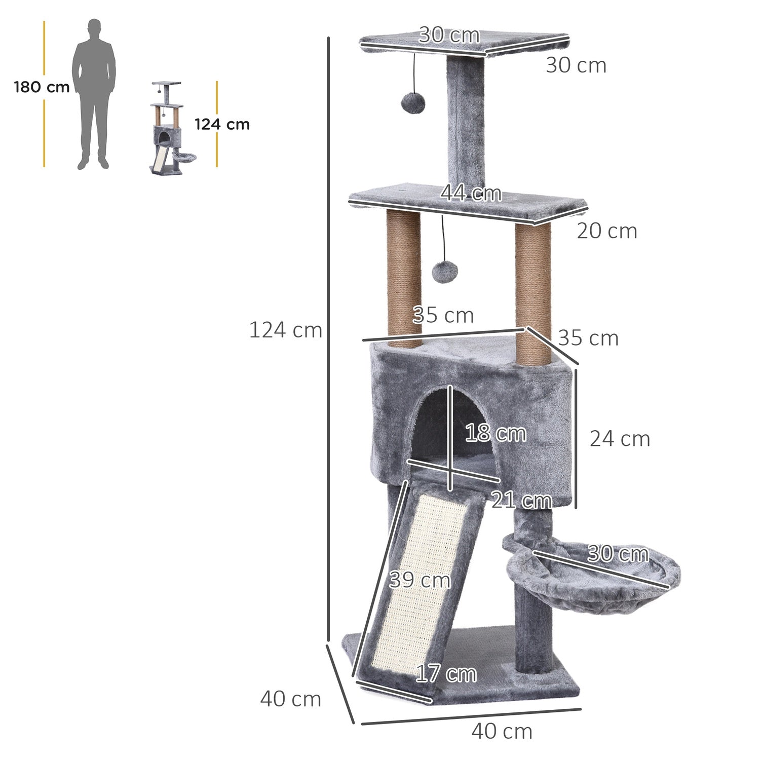 Kattträd, 4-vånings med hängande säng & sisalstolpar, grå