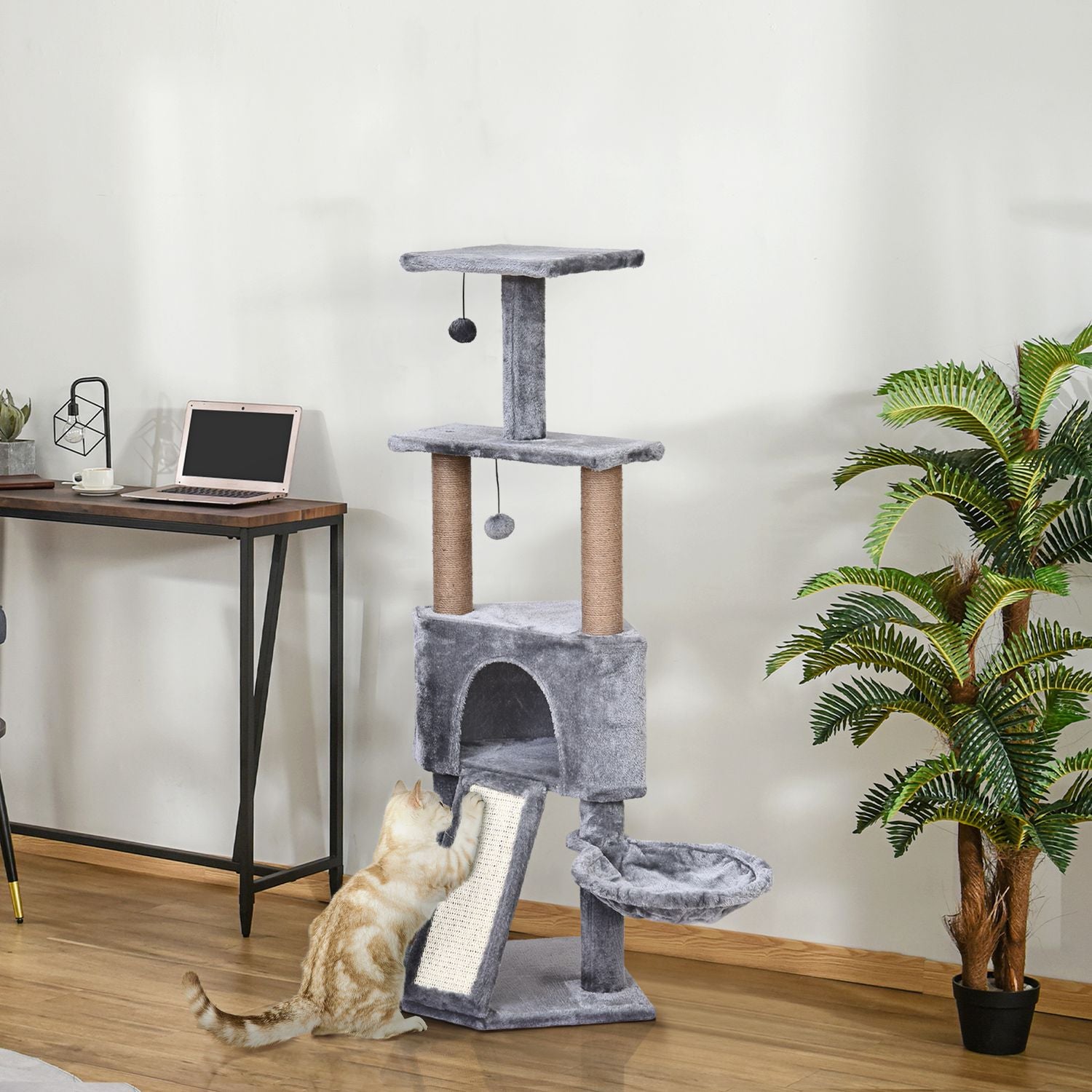 Kattträd, 4-vånings med hängande säng & sisalstolpar, grå