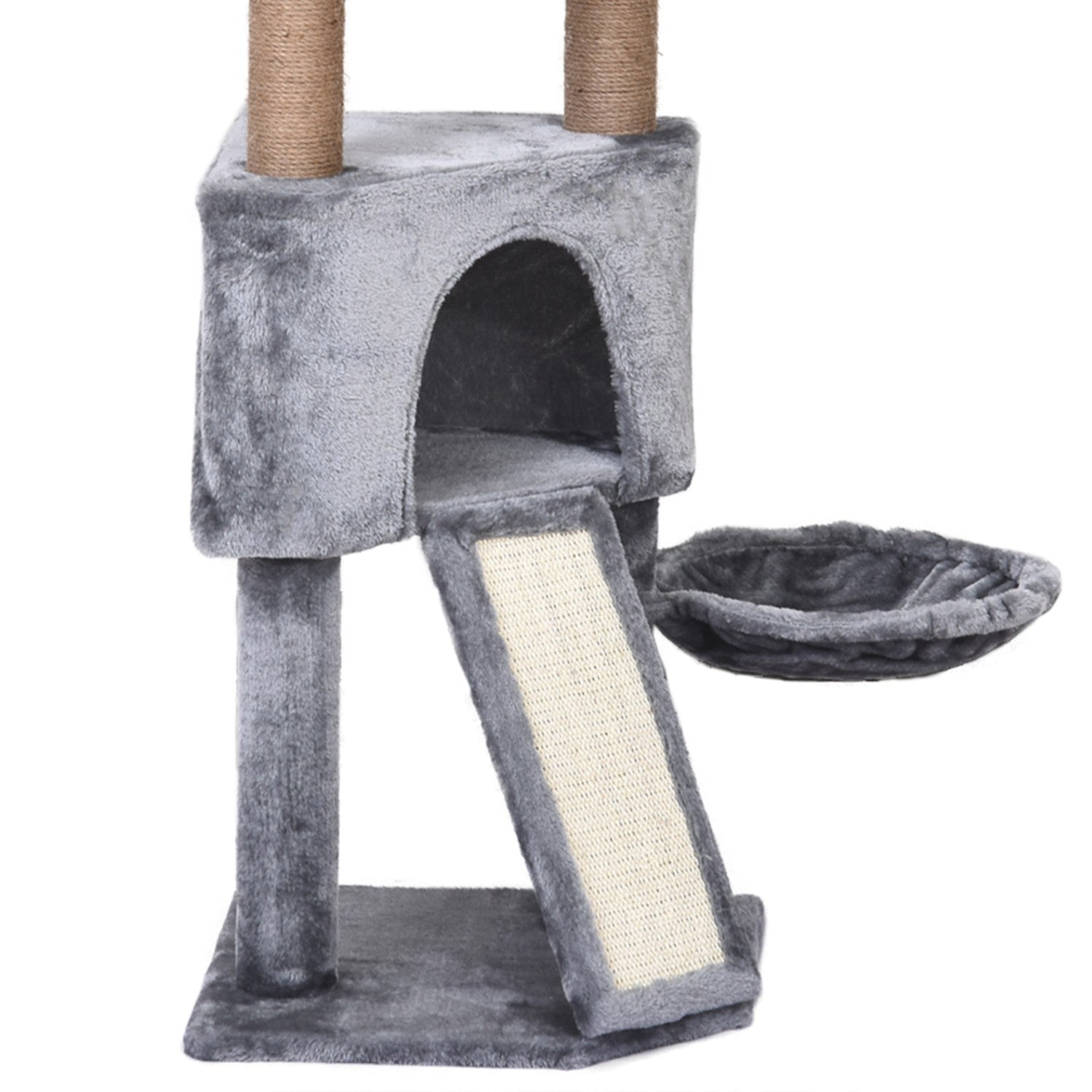 Kattträd, 4-vånings med hängande säng & sisalstolpar, grå