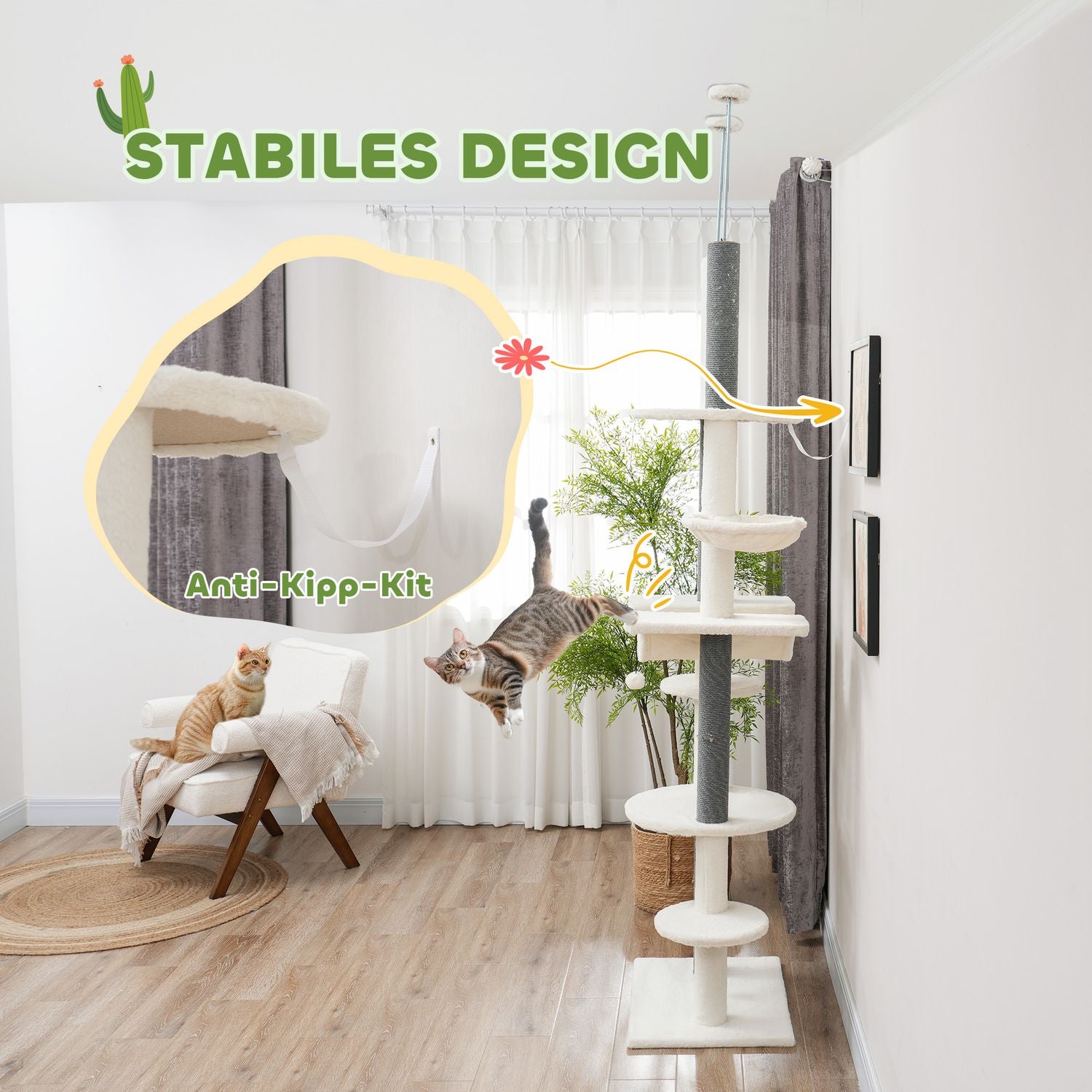 Kattträd med högt i tak, 225-255 cm, med hängmattor och korgar