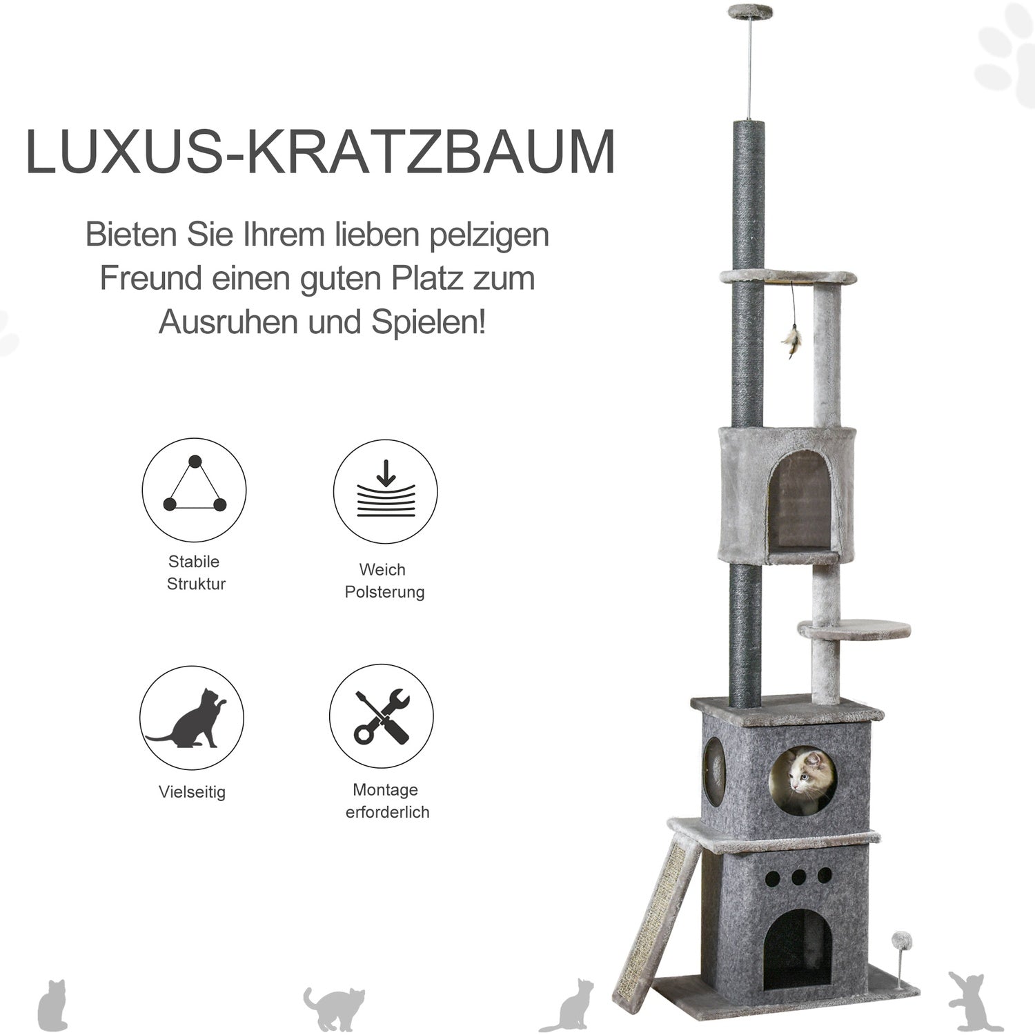 Kattträd med högt i tak med leksaker, sisalplysch, justerbar