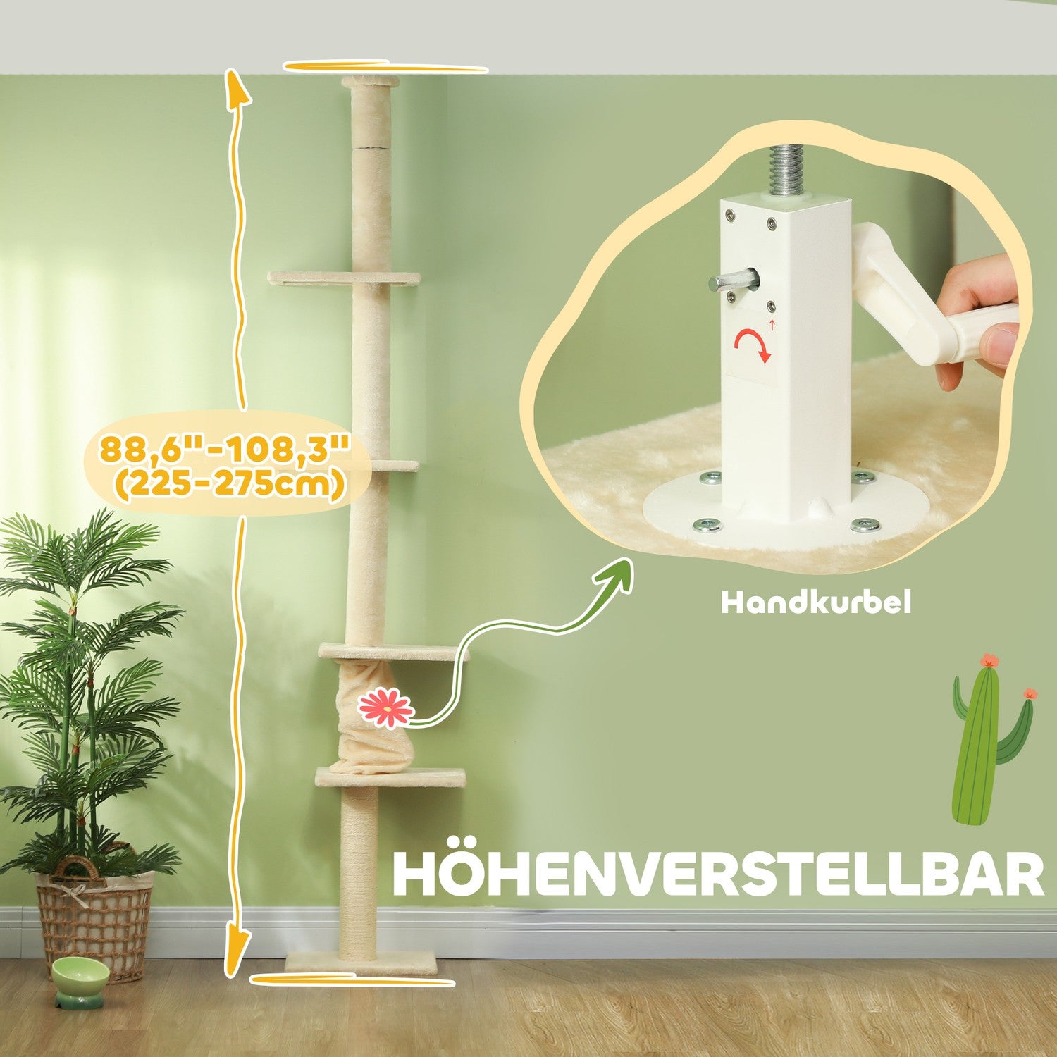 Kattträd med högt i tak med plattformar, 225-275 cm, kräm