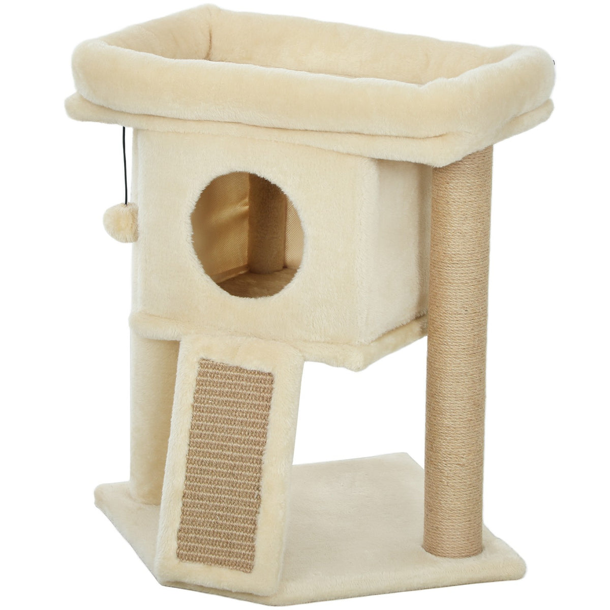 Kattenboom met krabmat van jute, bedje, speelgoedbal, beige
