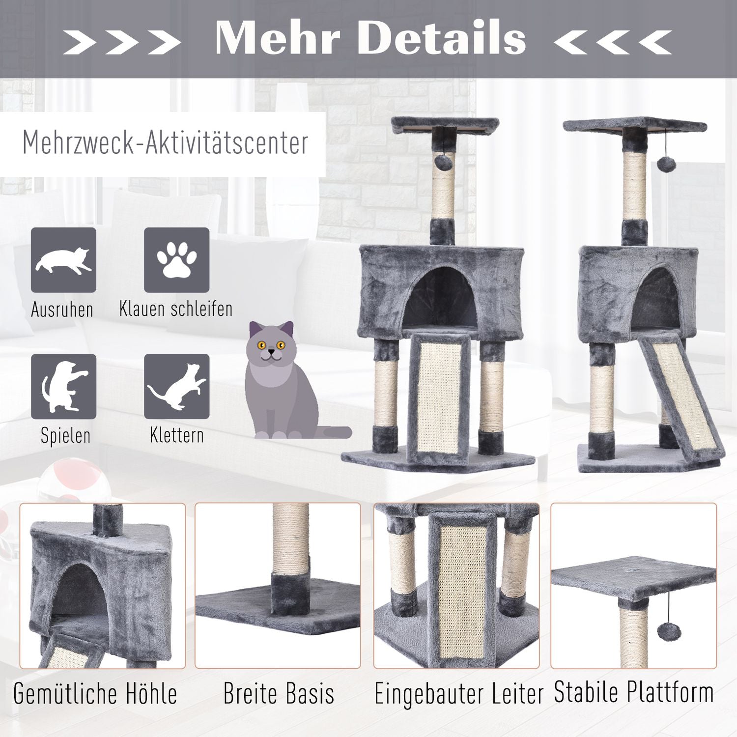 Kattträd med kattgrotta & sisalskrapstolpar, grå