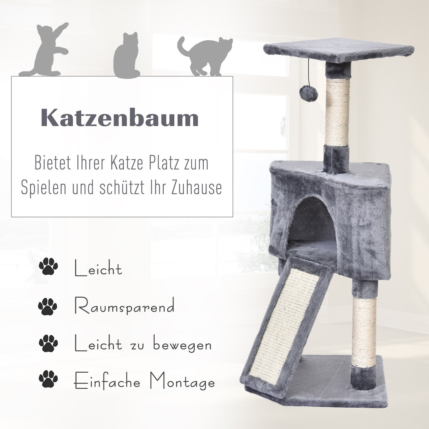 Kattträd med kattgrotta & sisalskrapstolpar, grå