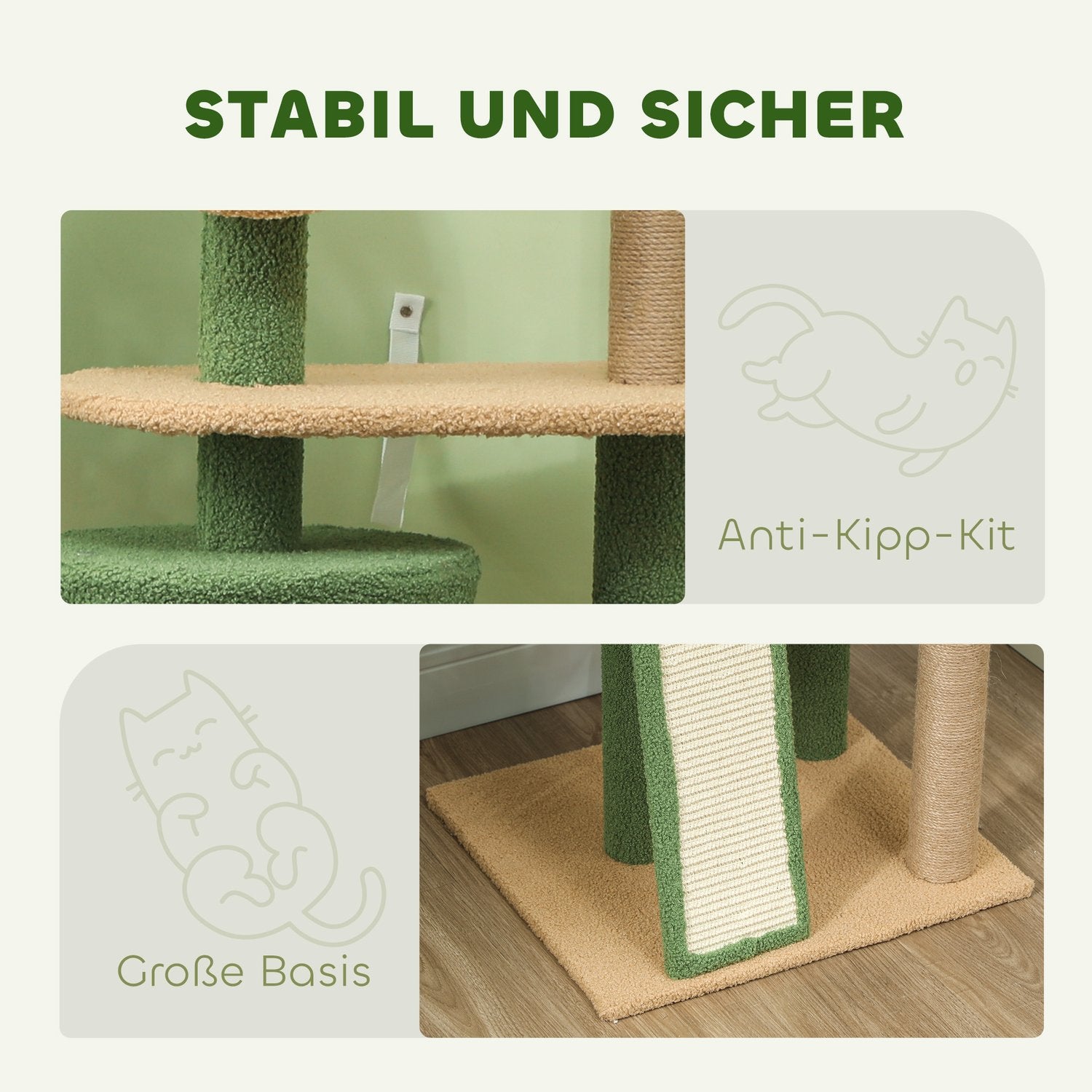 Kattträdskrapstolpe 139 cm med grotta, lekboll, grön