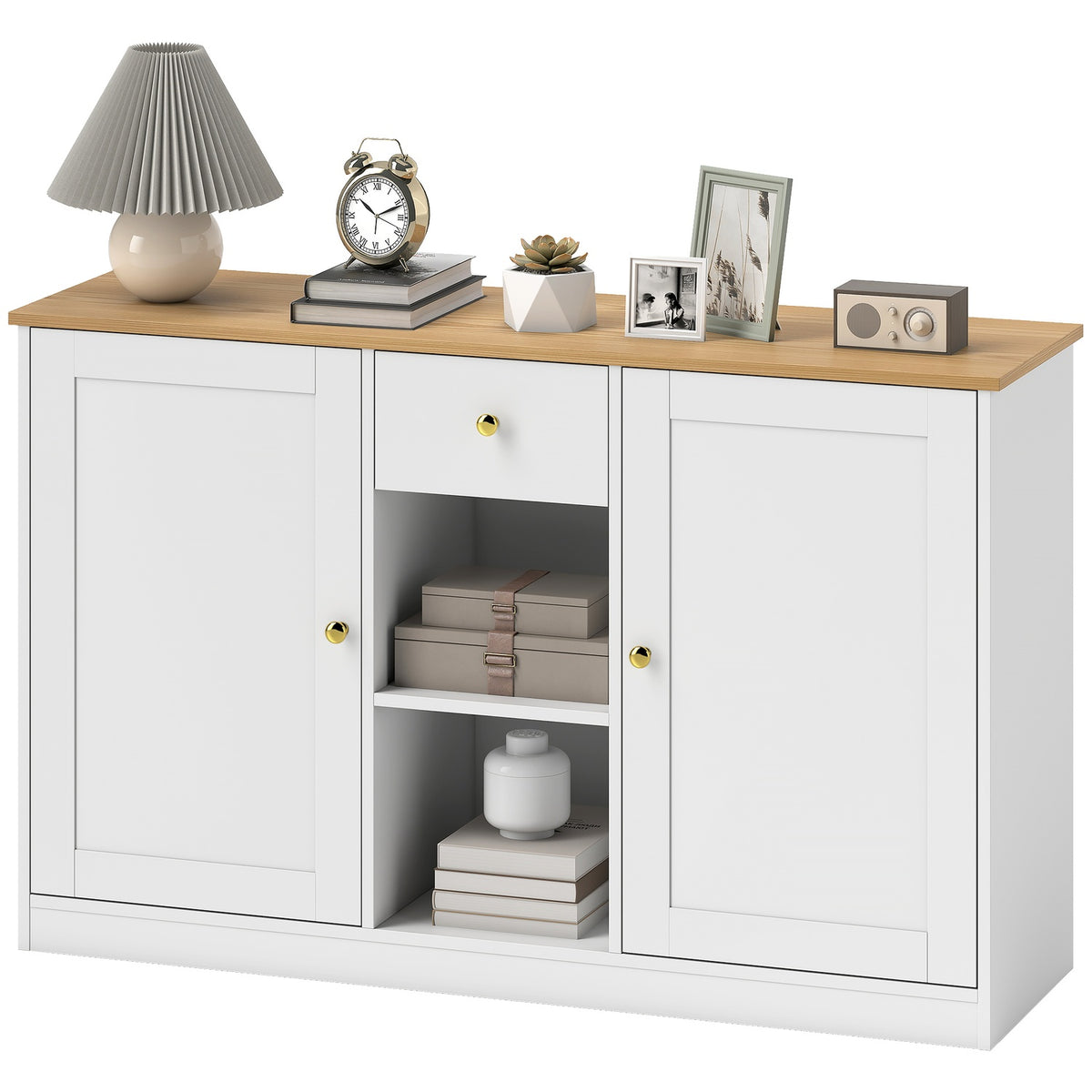 Keukenbureau, dressoir met lade, kast, planken, spaanplaat, wit