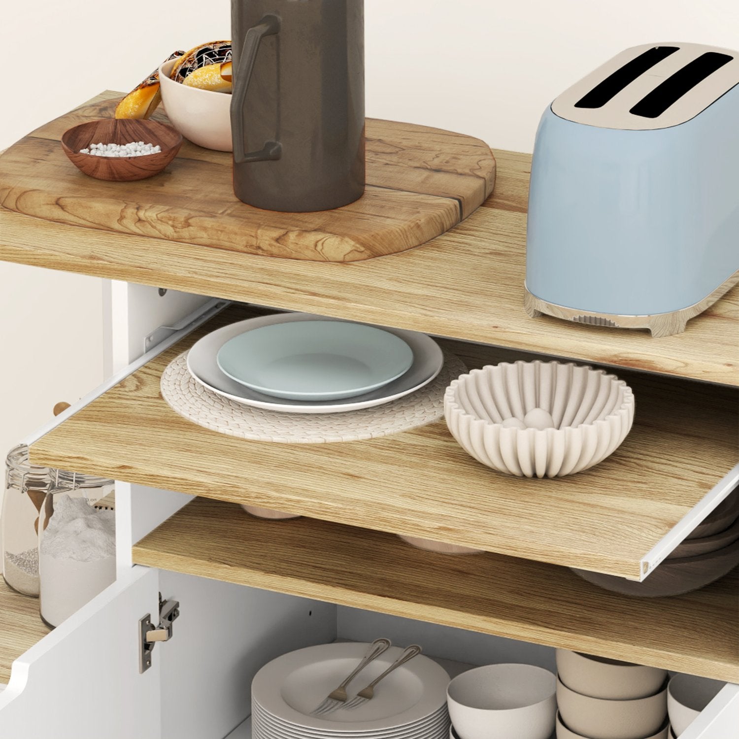 Köksvagn med bänkskiva, ställbara hyllor, vit