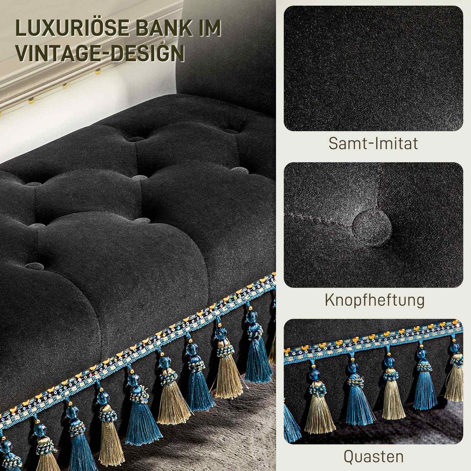Sammetsklädd bänk med förvaring, vintagedesign, mörkgrå