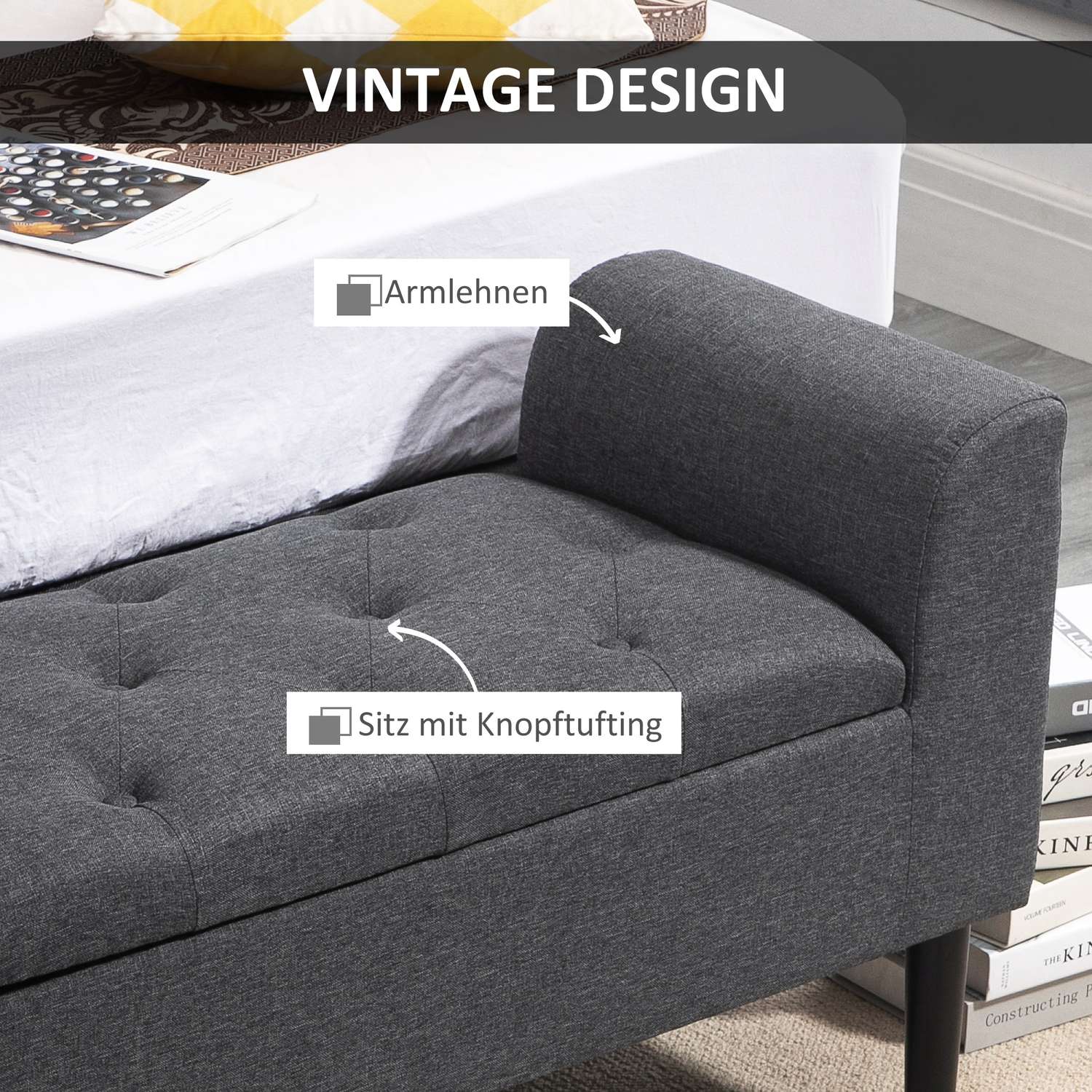 Klädd förvaringsbänk, 130 kg kapacitet, mörkgrå