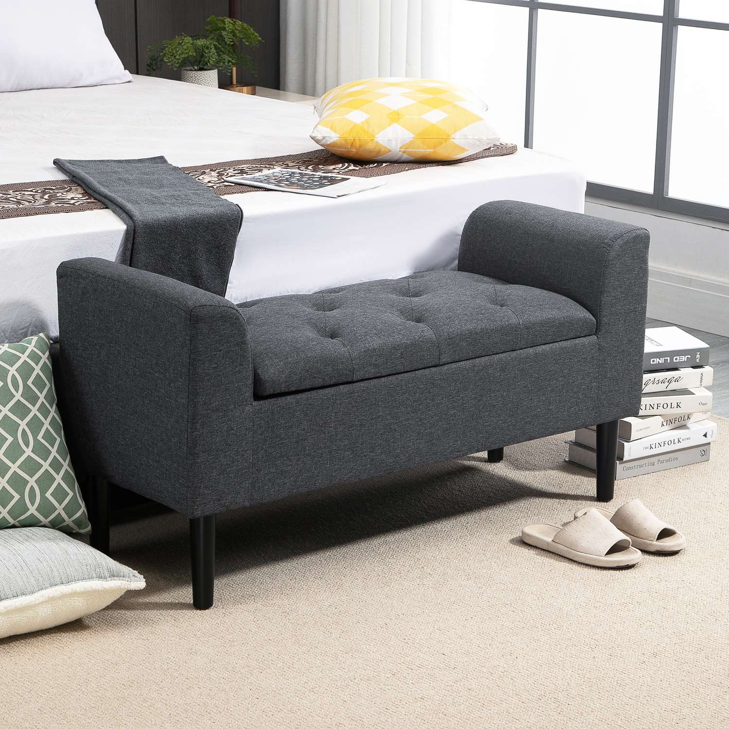 Klädd förvaringsbänk, 130 kg kapacitet, mörkgrå