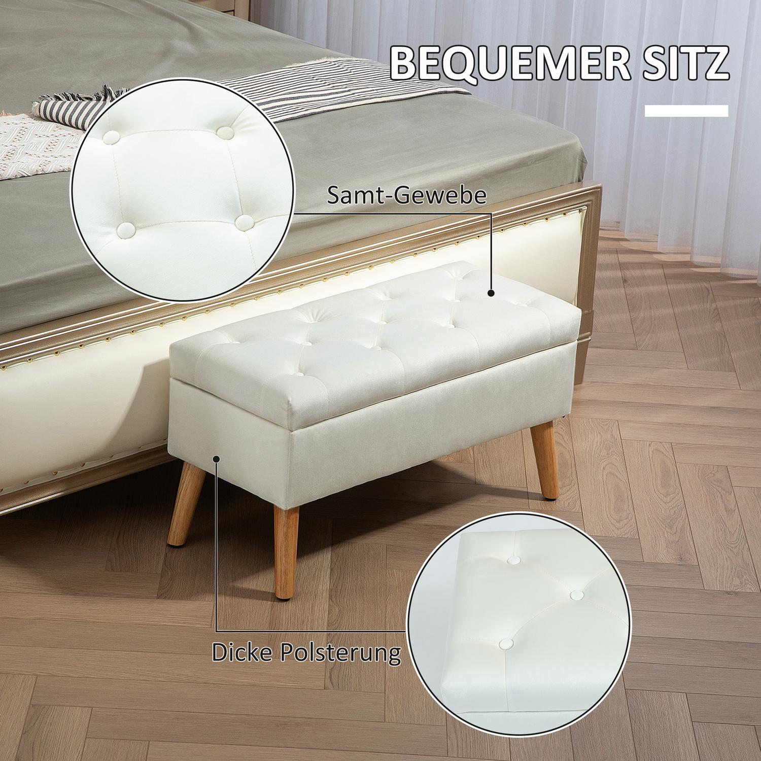 Klädd förvaringsbänk i sammetslook, 102x35x43 cm, Vit