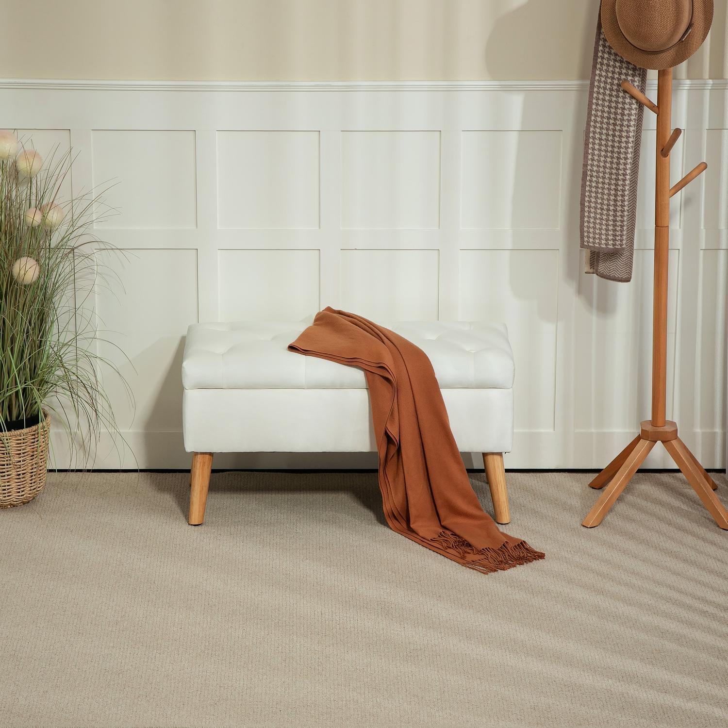 Klädd förvaringsbänk i sammetslook, 102x35x43 cm, Vit