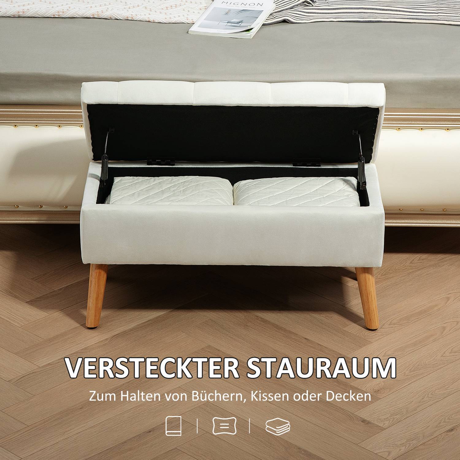 Klädd förvaringsbänk i sammetslook, 102x35x43 cm, Vit