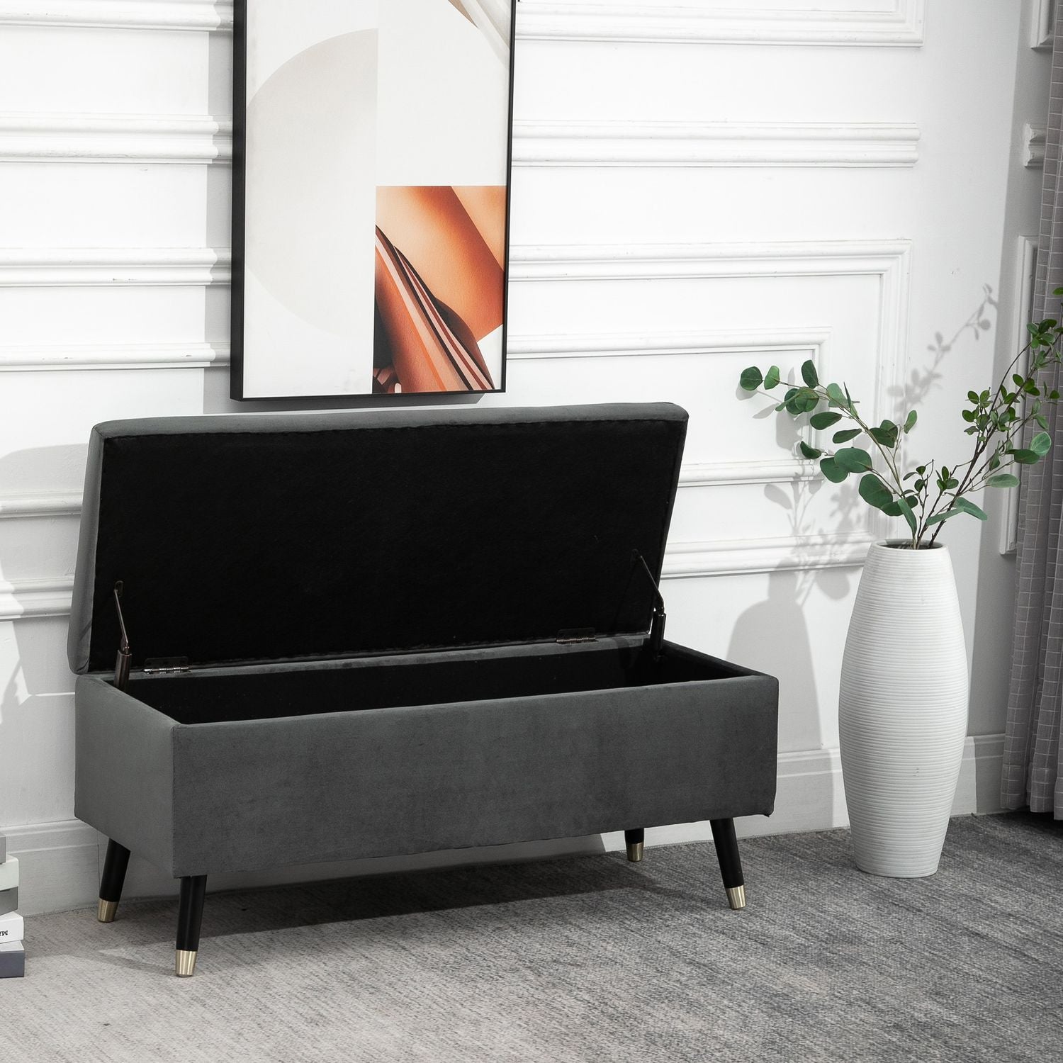 Klädd förvaringsbänk, metallram, kolgrå