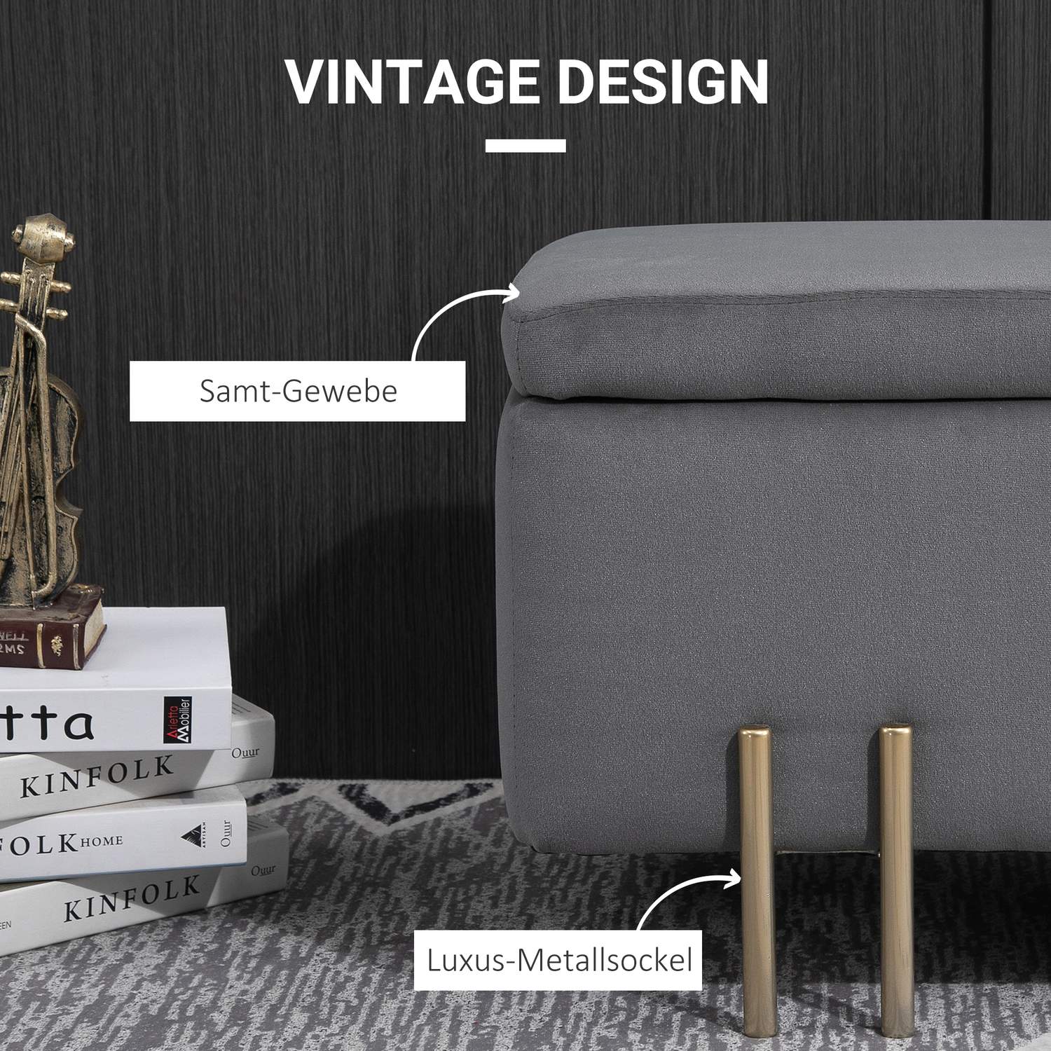 Klädd förvaringsbänk, mörkgrå tyg, 100x40x42 cm