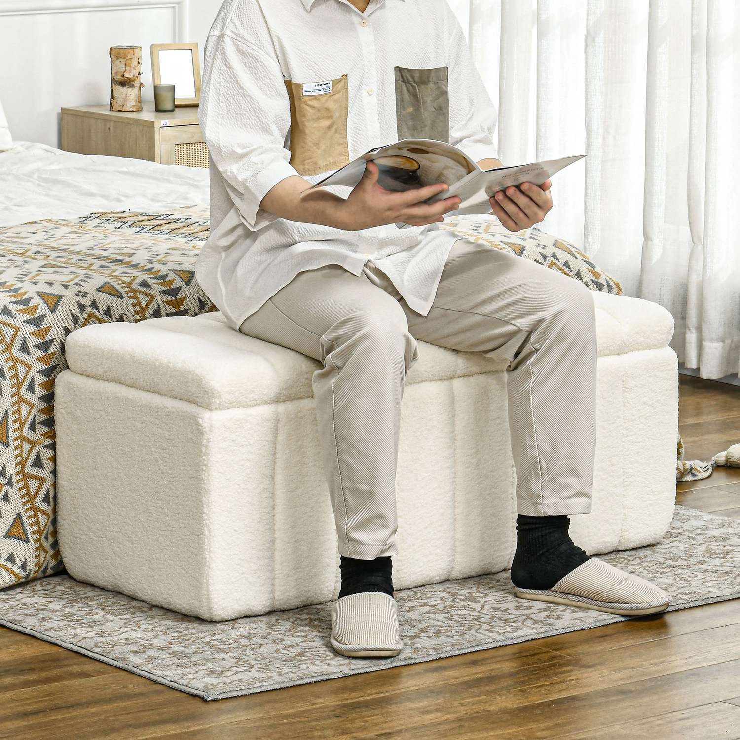 Klädd förvaringsbänk, träben, 102x45x46 cm