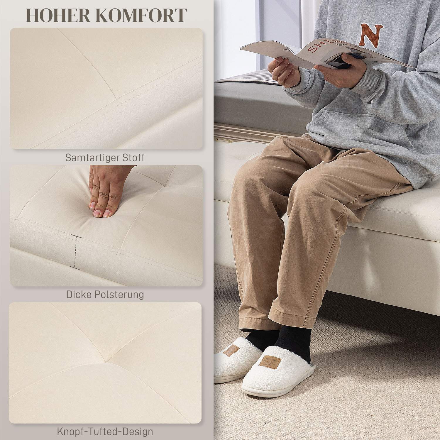 Klädd sammetsbänk med metallben, 120cm – Beige