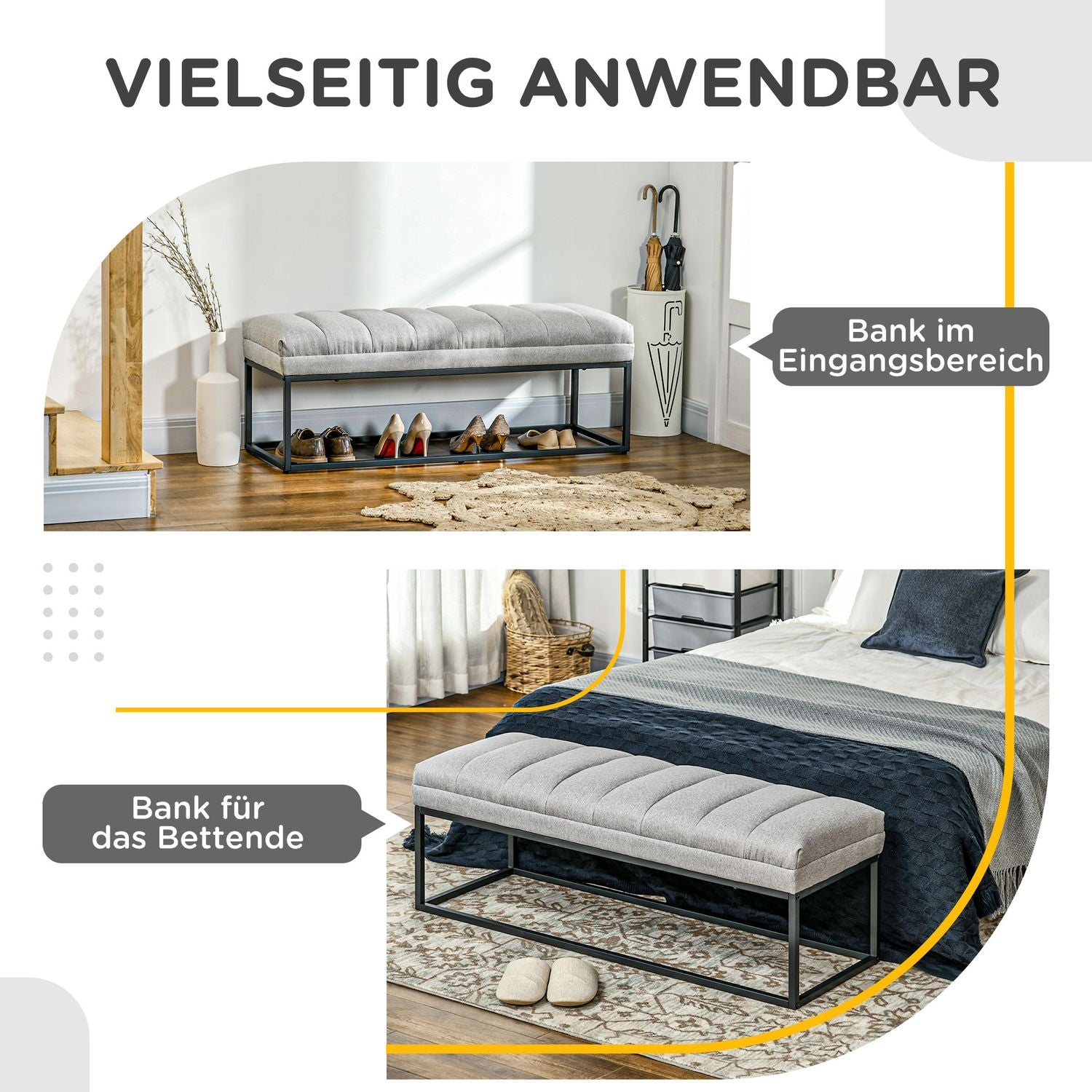 Klädd sängbänk, ljusgrå linne, 120x44x45,5 cm, 200 kg kapacitet