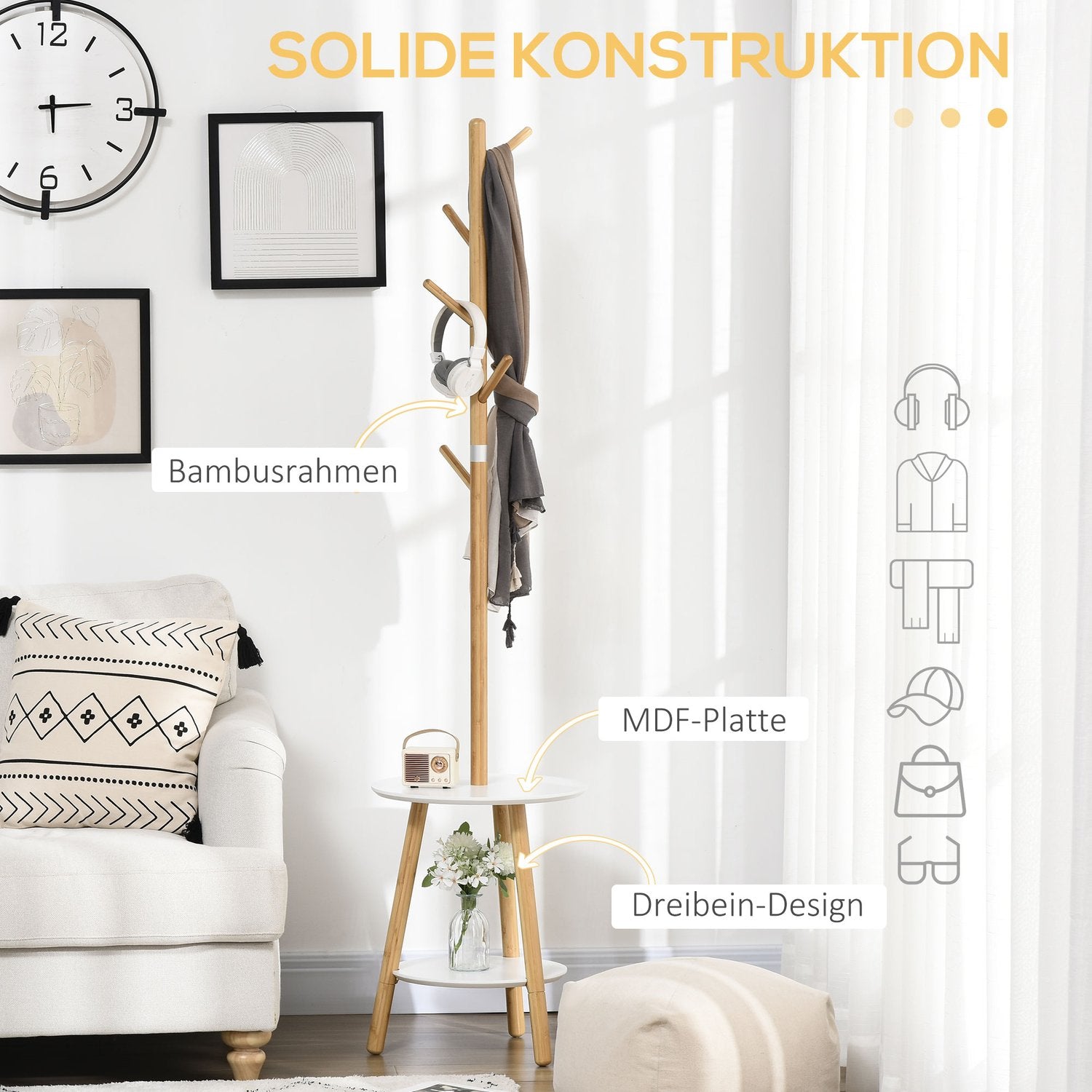 Klädstativ med 5 krokar & sidobord, 171 cm, natur/vit