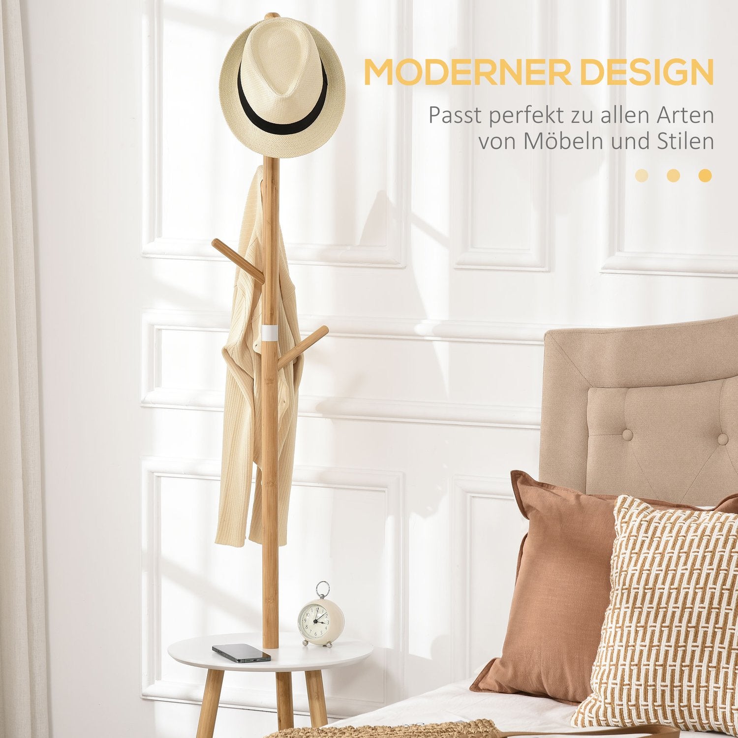 Klädstativ med 5 krokar & sidobord, 171 cm, natur/vit