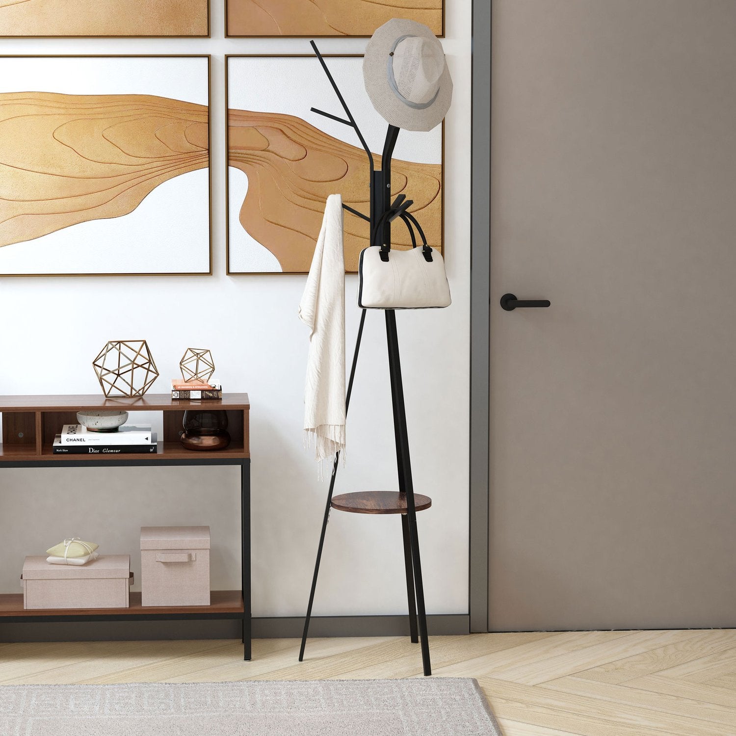 Klädställ i brun metall med hylla – 8 krokar, 45x45x180cm