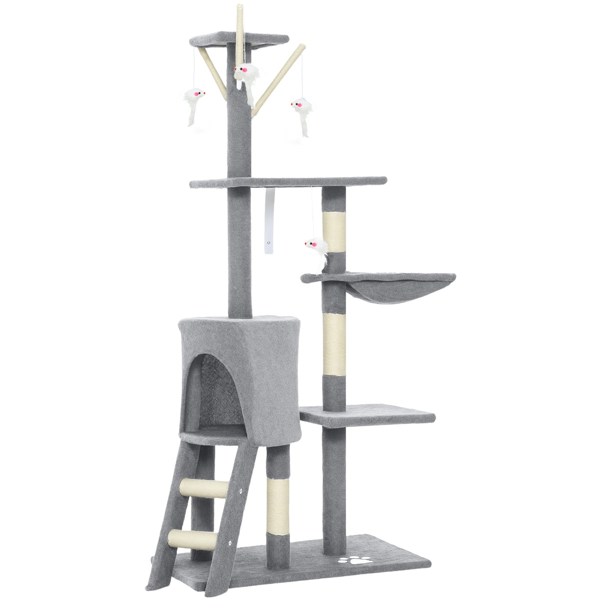 Kattenboom met grot, sisalstokken en speelgoed, voor katten <5 kg, grijs