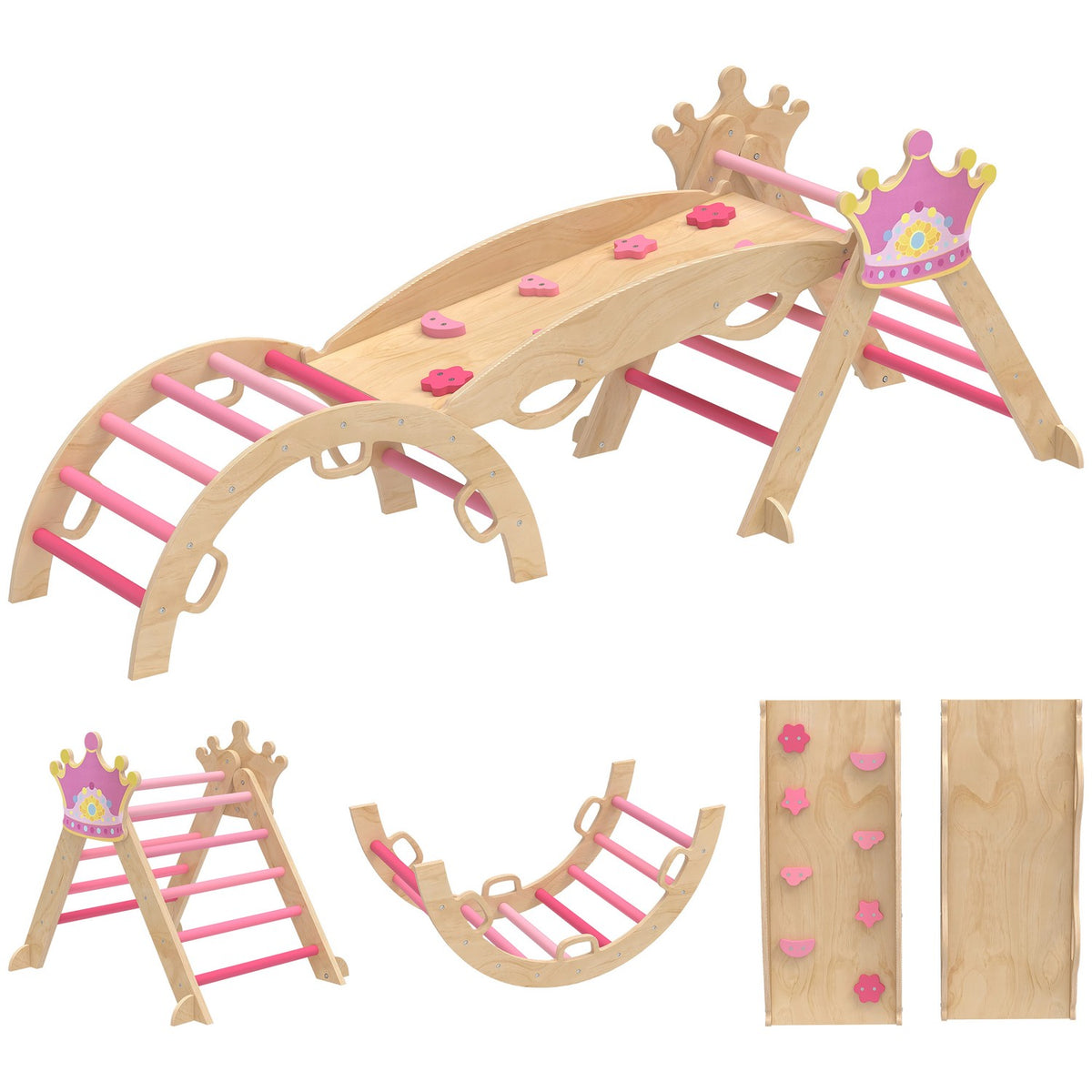 Indoor-klimgym voor kinderen – 8-in-1, prinsessenontwerp, hout