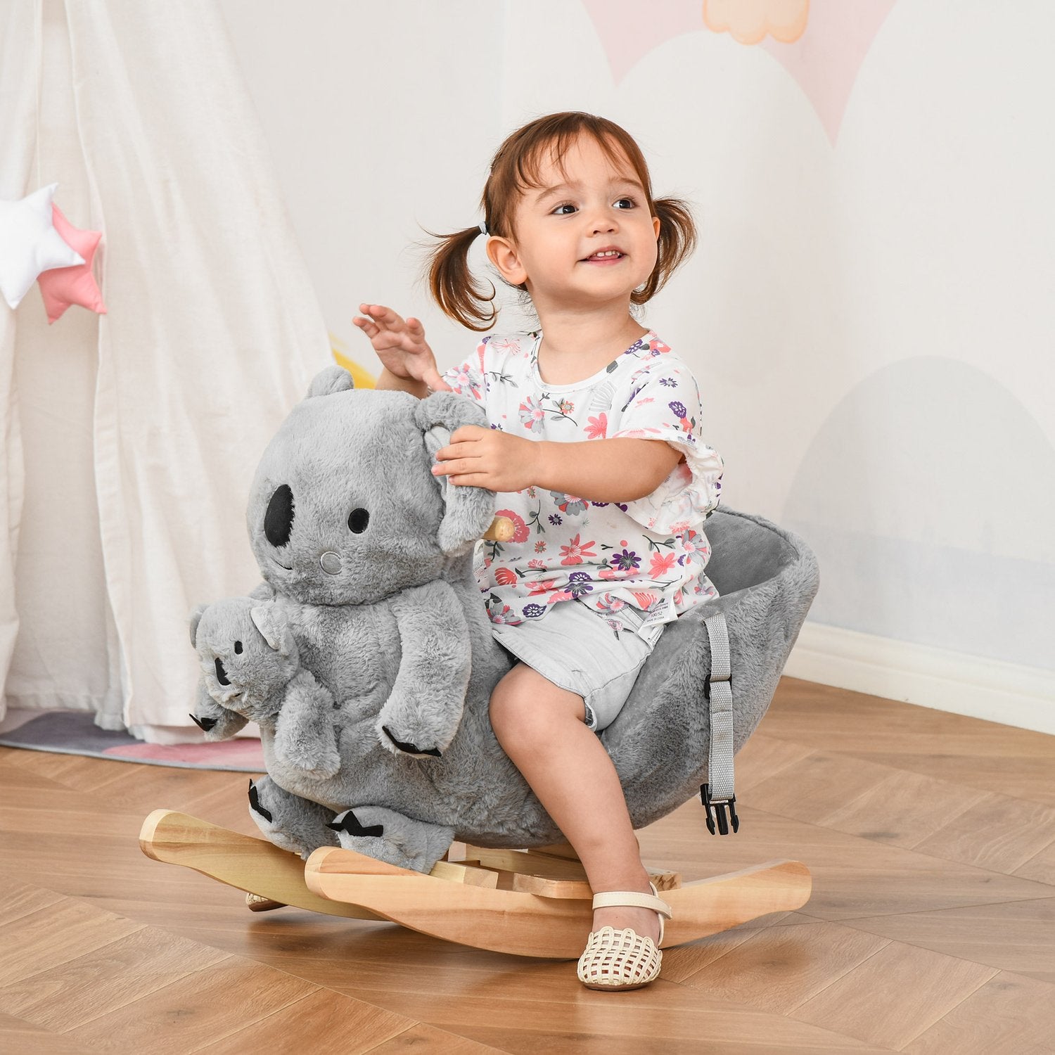 Koala gungleksak för småbarn, grå plysch och trä