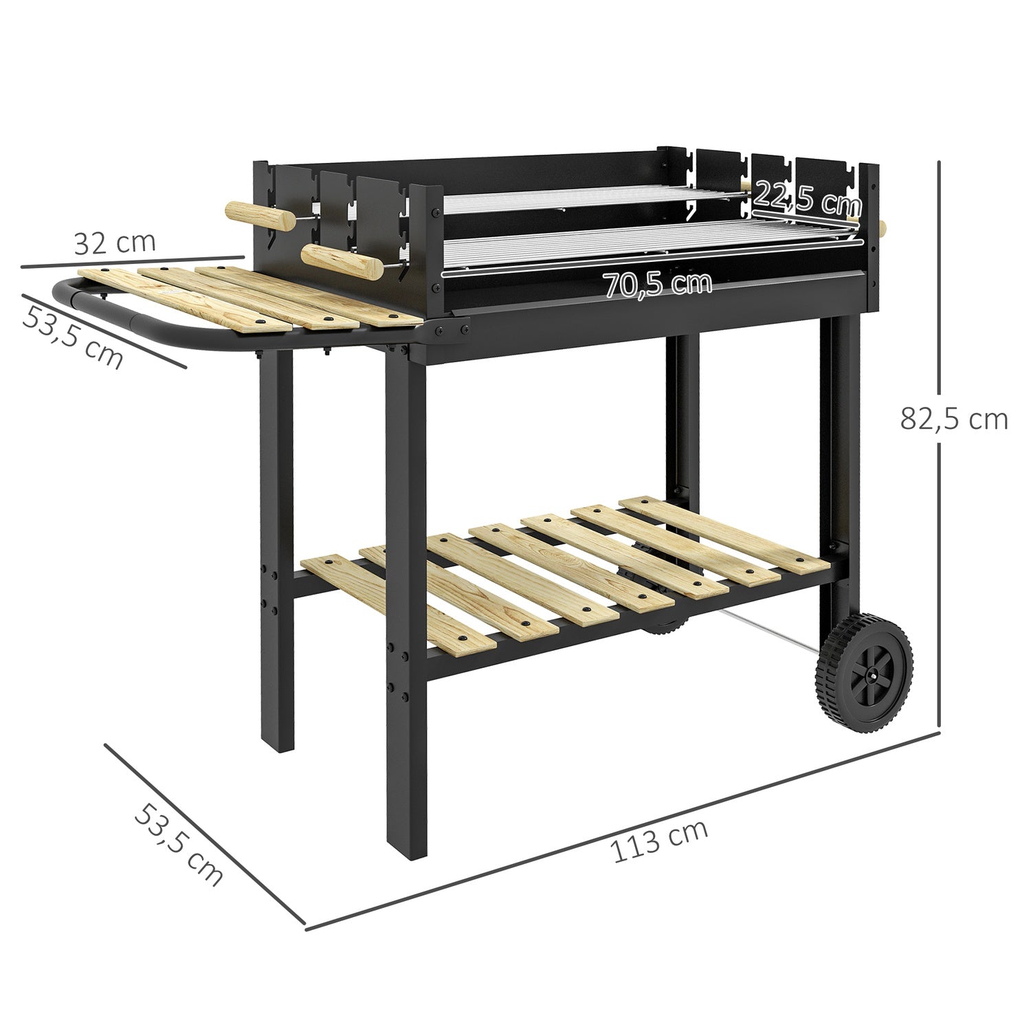 Kolgrill, dubbla galler, hylla och handtag, 113x53,5x82,5 cm