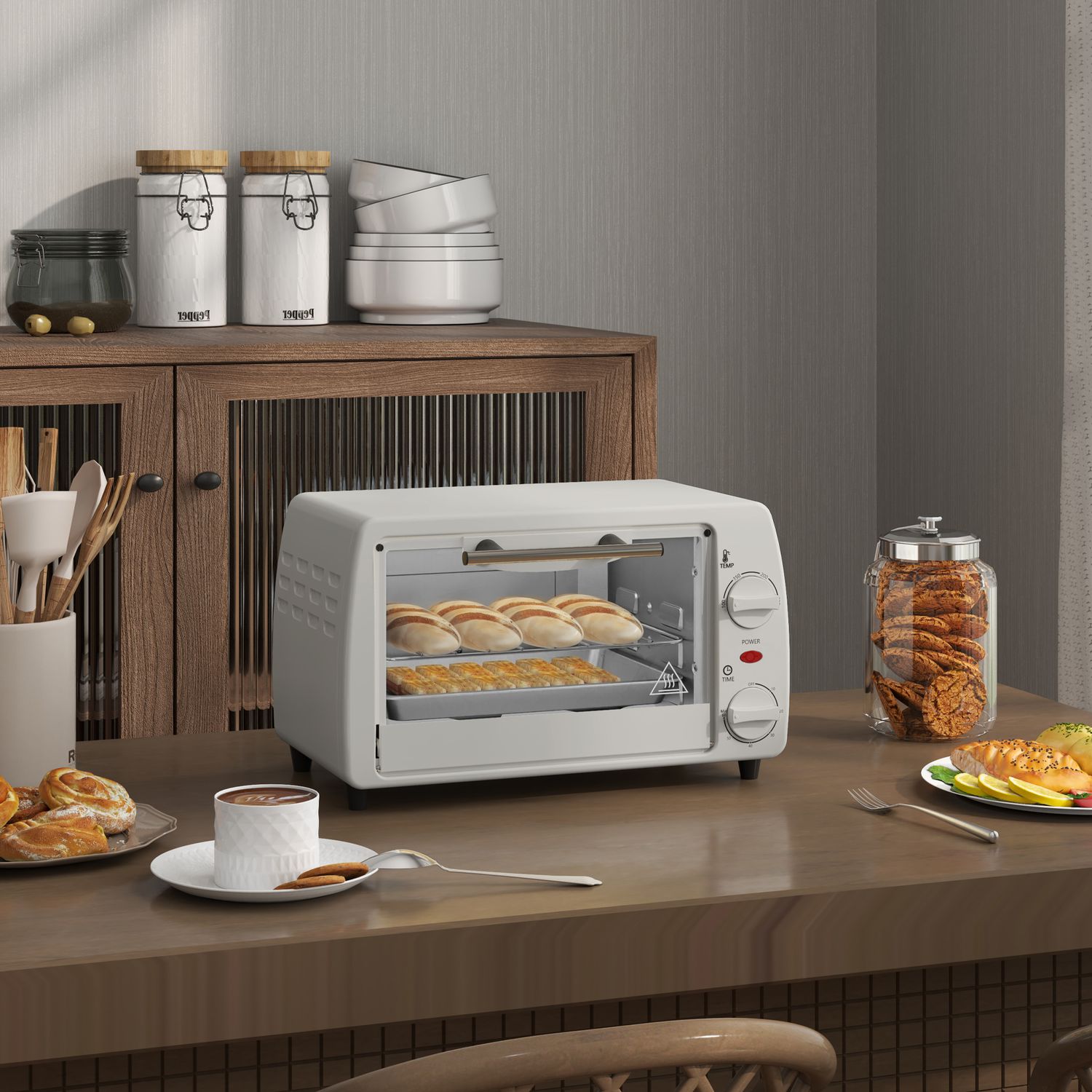 Kompakt 10L elektrisk ugn, 750W, 230°C, timer, grädde