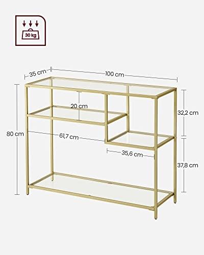 Konsolbord med guldram med hyllor i härdat glas