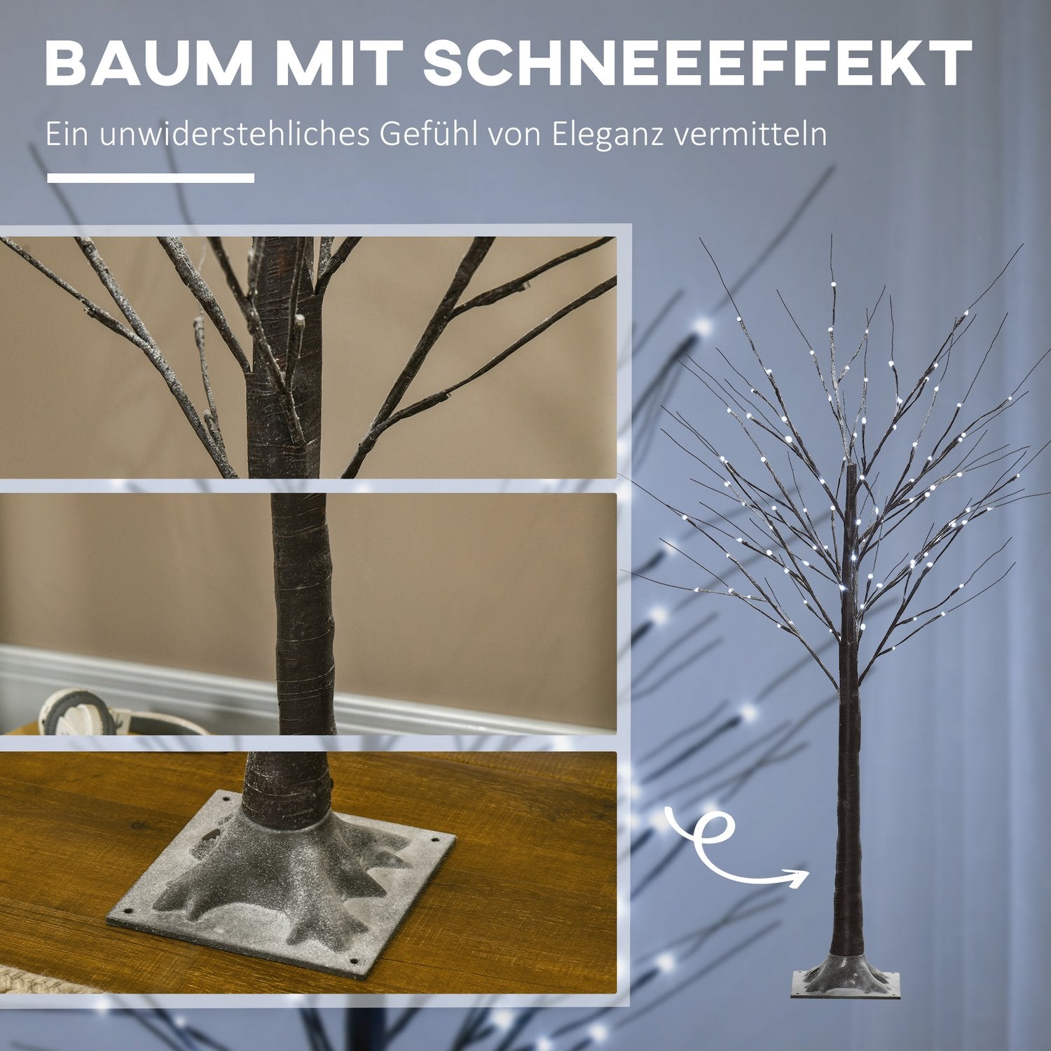 Kunstmatige berk, 150 cm – LED-verlichting & sneeuw